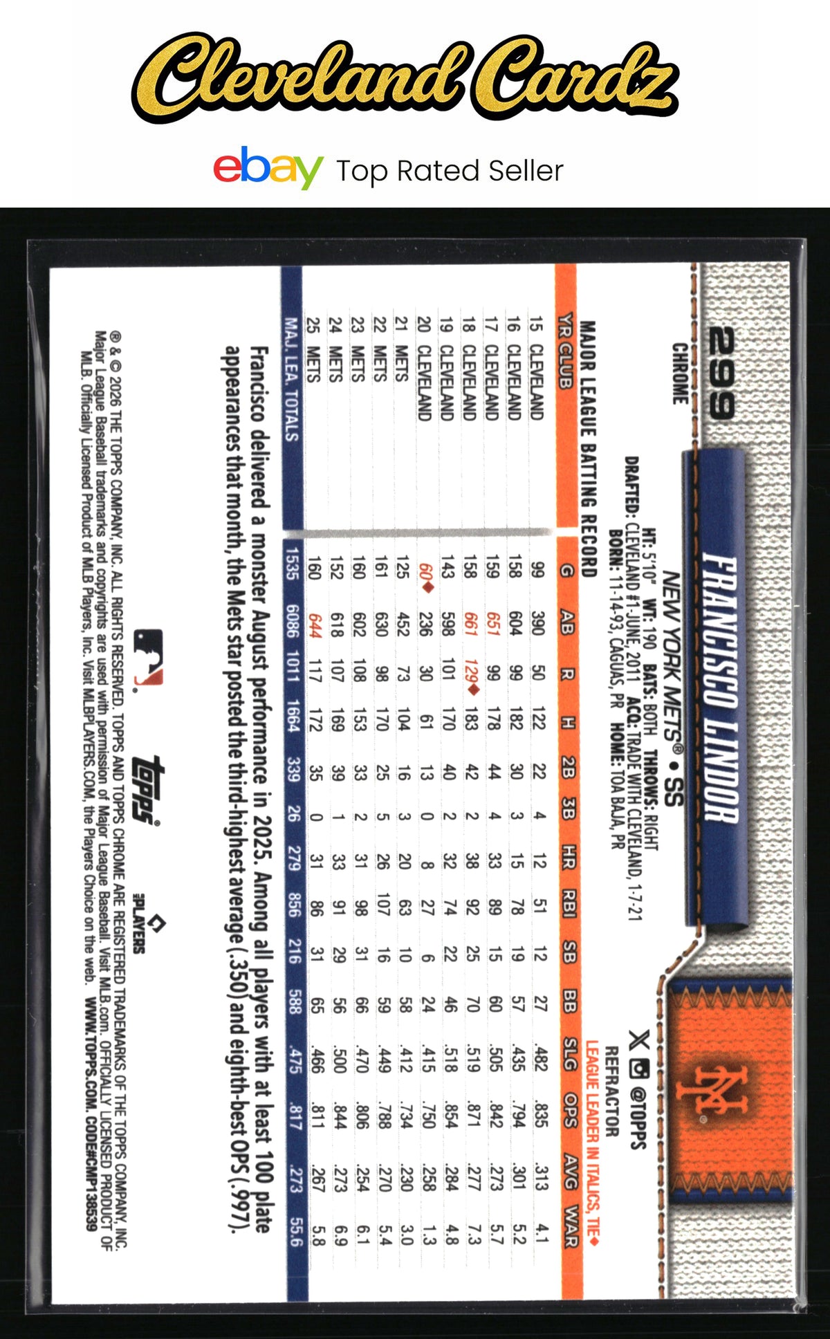 2026 Topps Chrome #299 Francisco Lindor Refractors