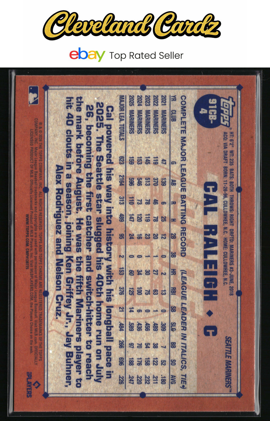 2026 Topps Chrome #91CB-4 Cal Raleigh 1991 Topps Baseball 35th Anniversary