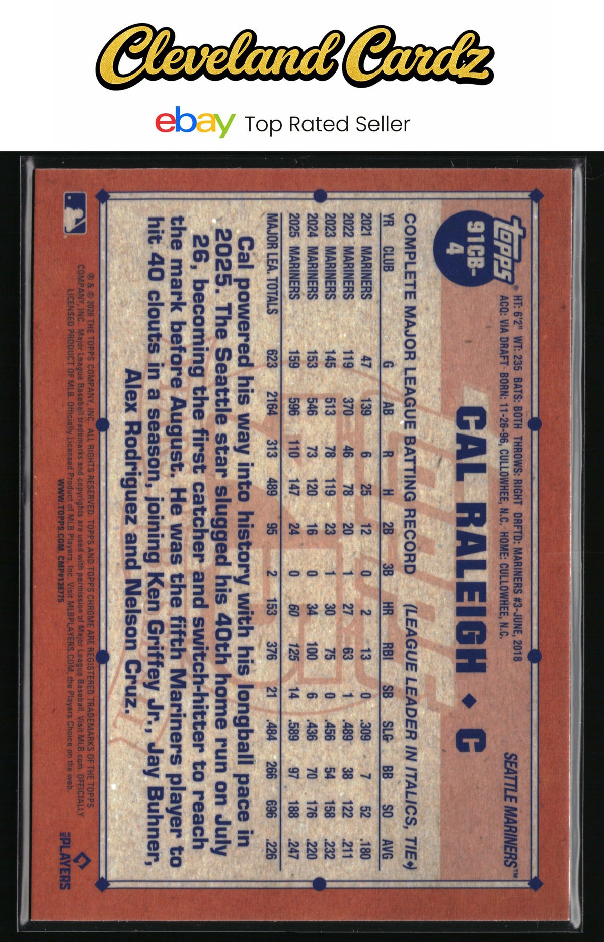 2026 Topps Chrome #91CB-4 Cal Raleigh 1991 Topps Baseball 35th Anniversary