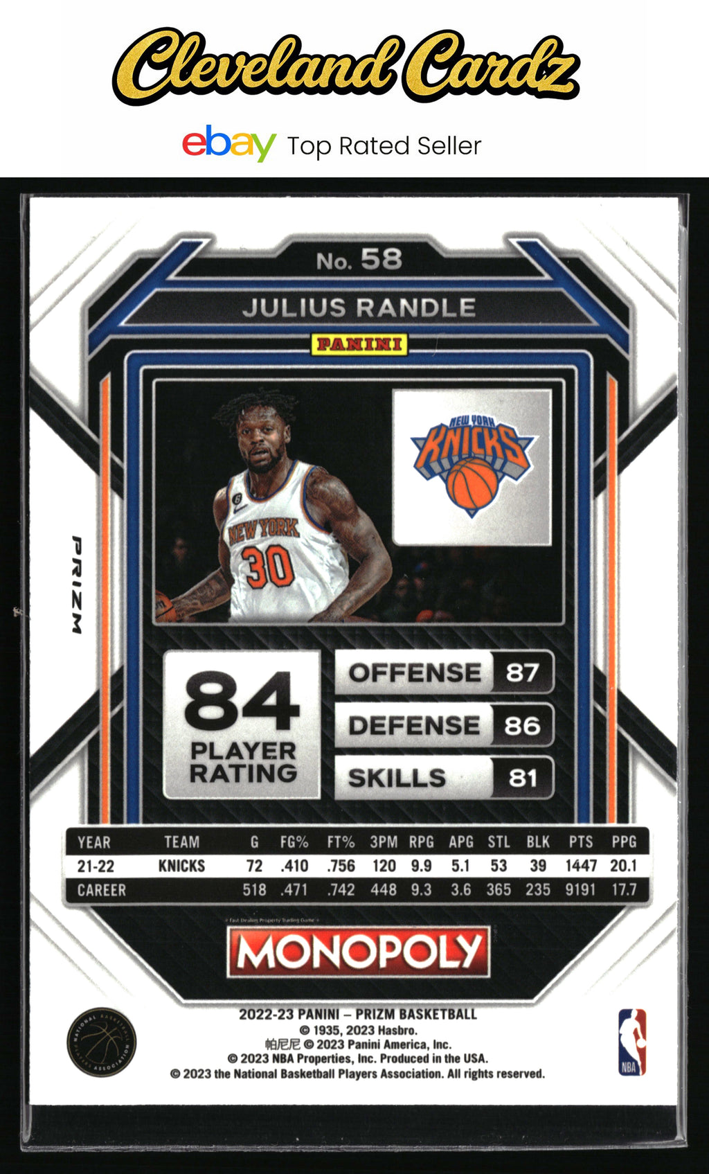 2022-23 Panini Prizm Monopoly #58 Julius Randle Silver