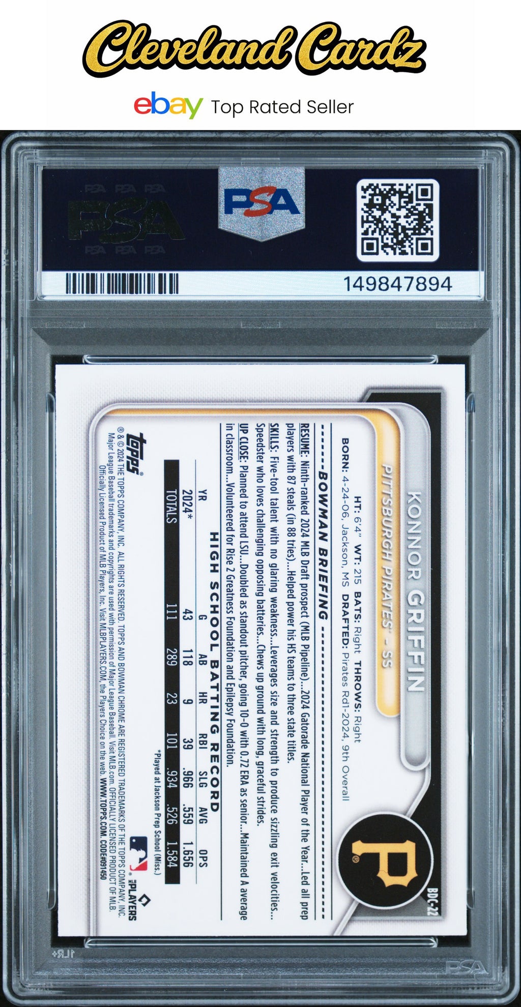 2024 Bowman Draft #BDC22 Konnor Griffin Chrome-Blue Refractor PSA 9