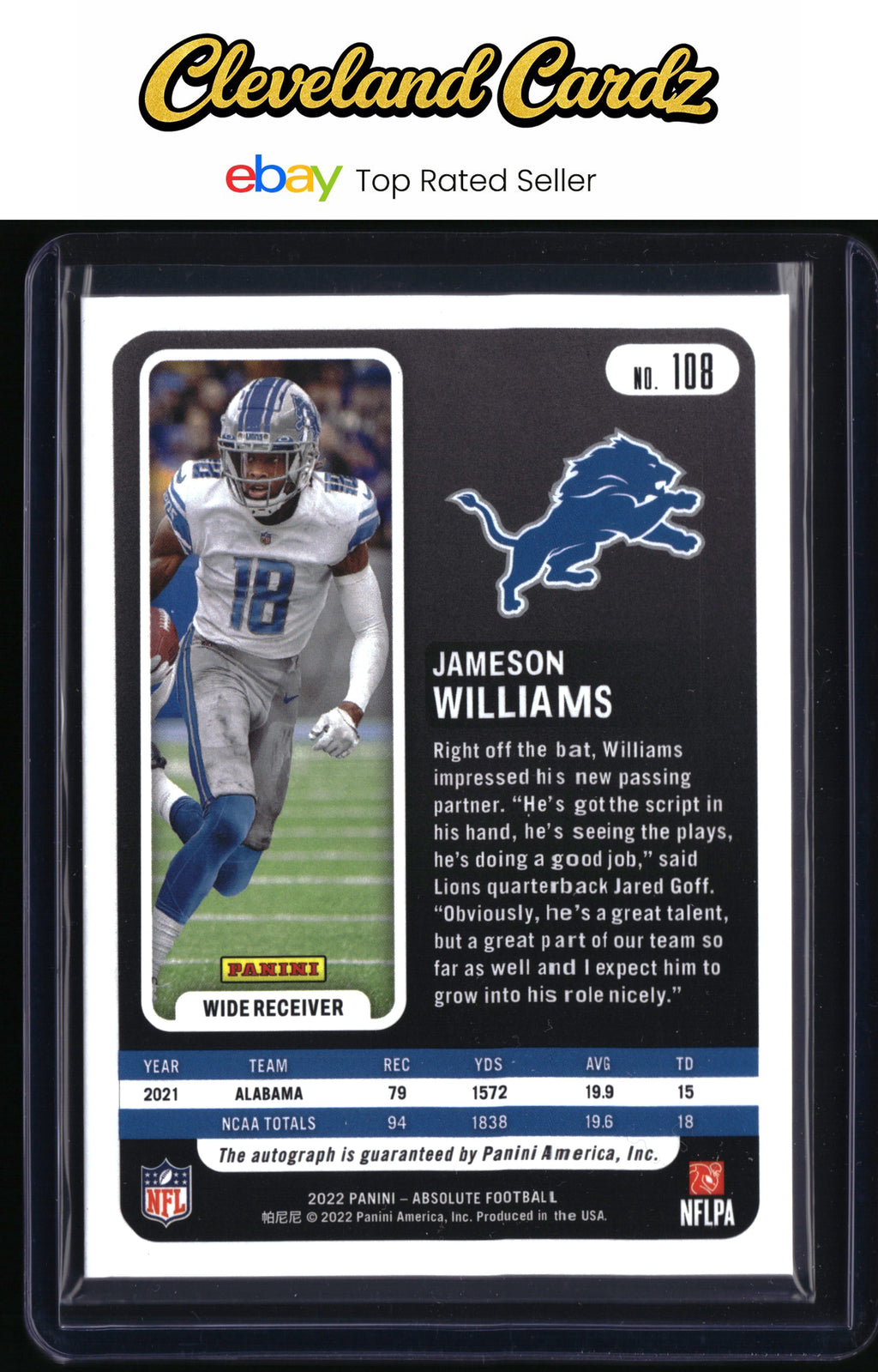 2022 Panini Absolute #108 Jameson Williams Signature Rookies Spectrum Red #/50