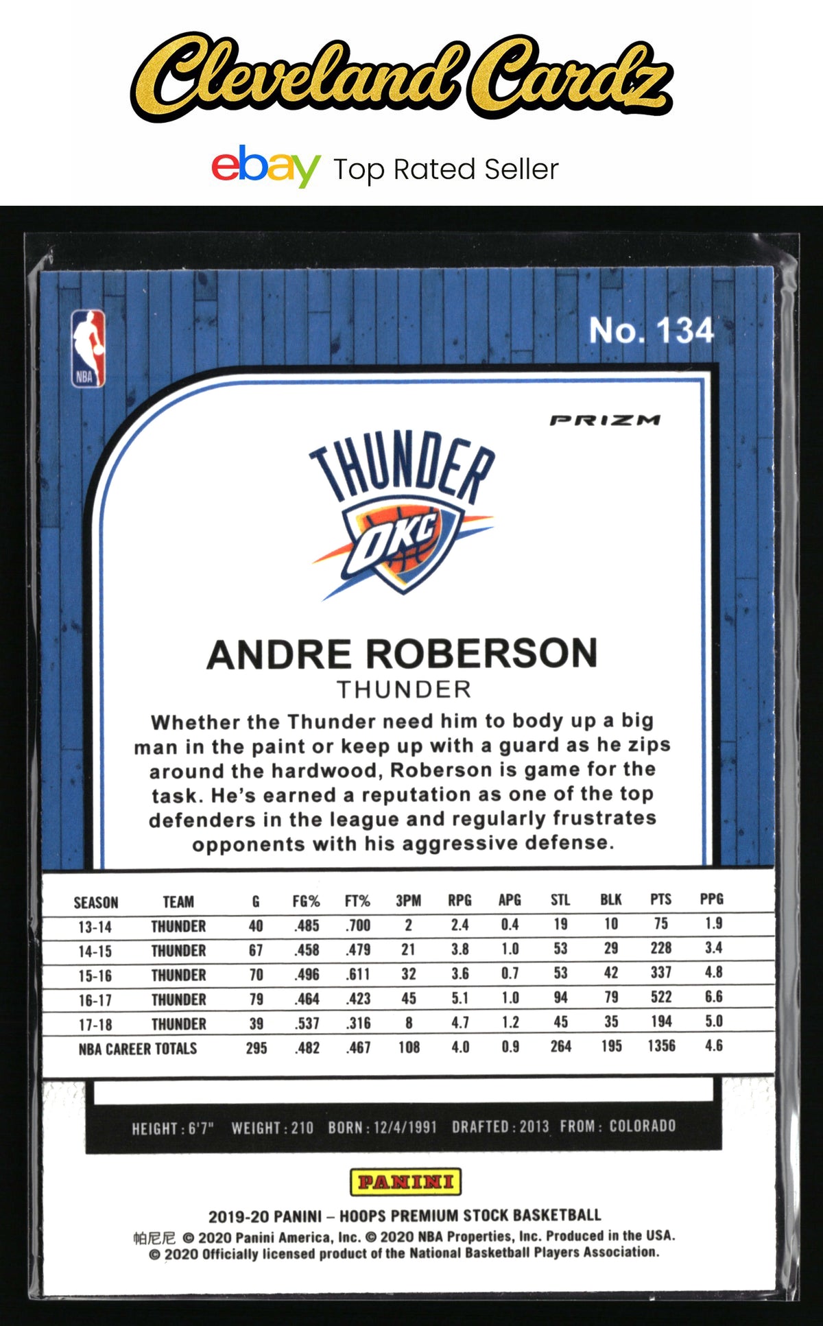 2019-20 Hoops Premium Stock #134 Andre Roberson Prizms Blue Cracked Ice