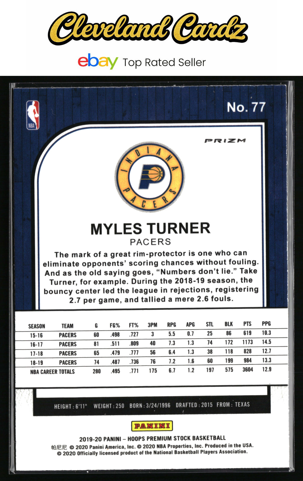2019-20 Hoops Premium Stock #77 Myles Turner Prizms Purple Disco