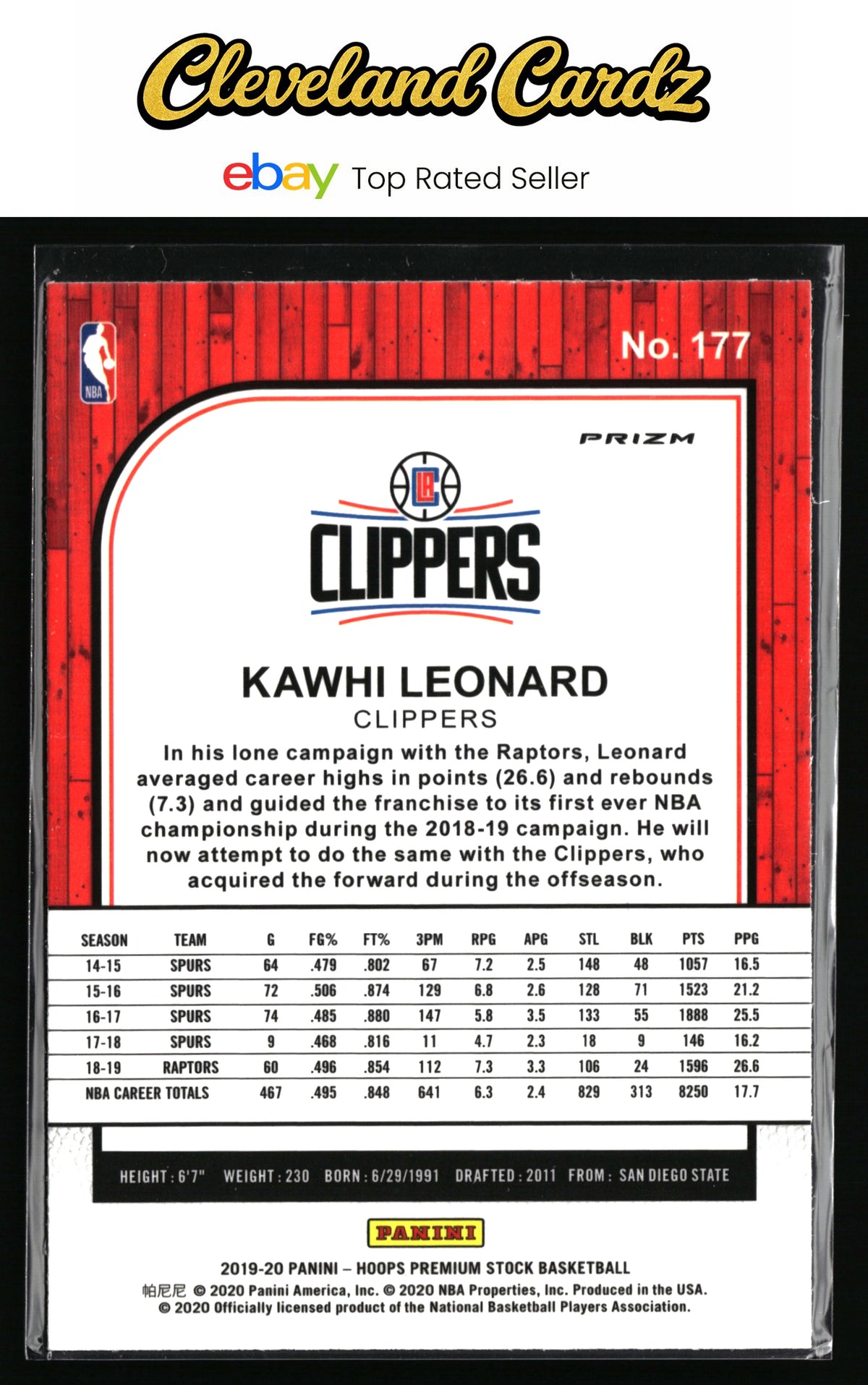 2019-20 Hoops Premium Stock #177 Kawhi Leonard Prizms Blue