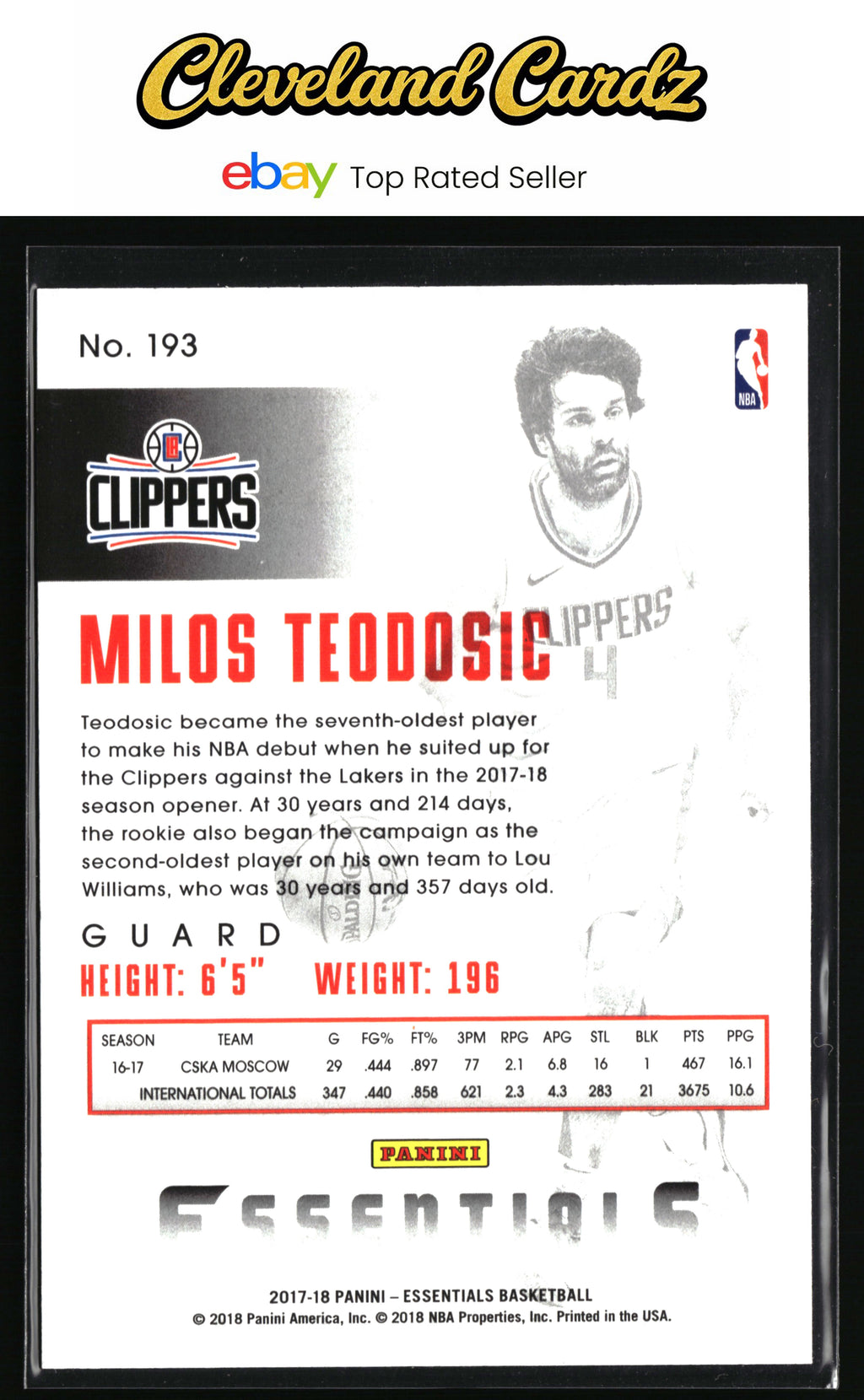 2017-18 Panini Essentials #193 Milos Teodosic