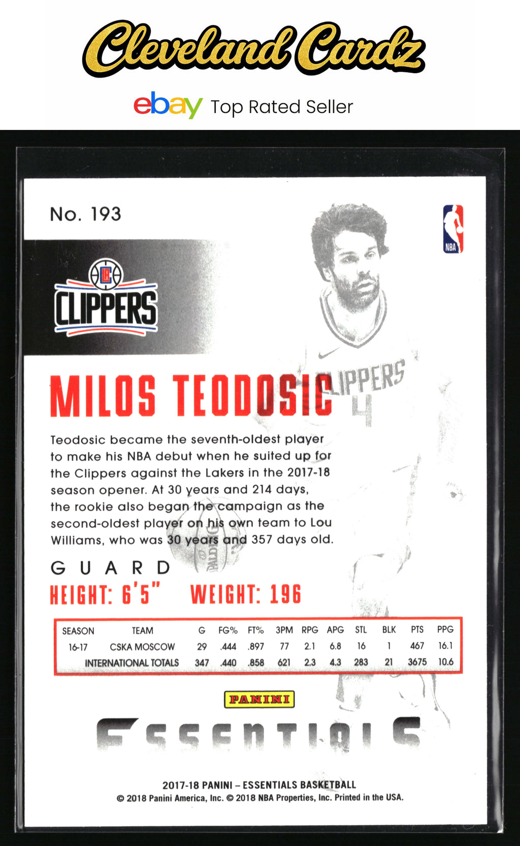 2017-18 Panini Essentials #193 Milos Teodosic