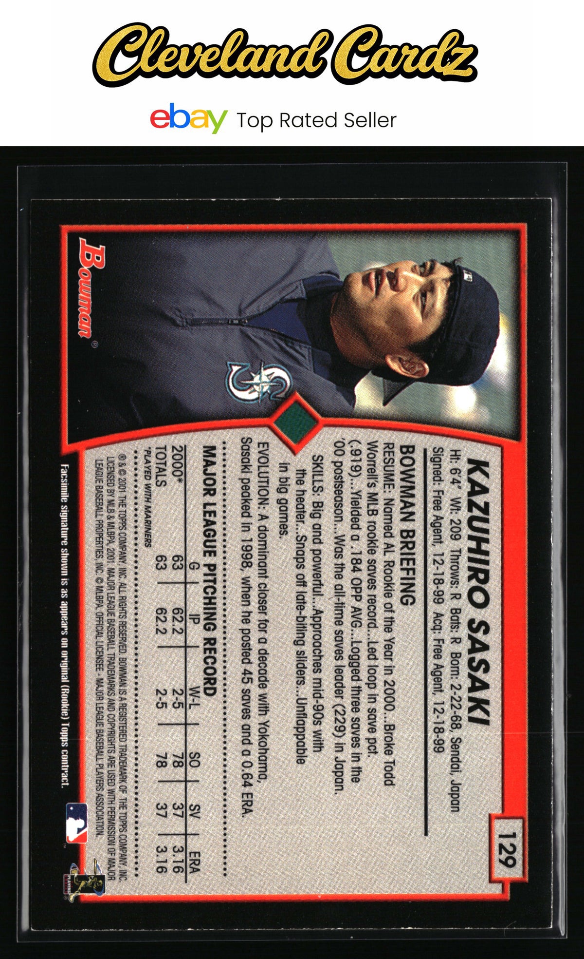 2001 Bowman #129 Kazuhiro Sasaki