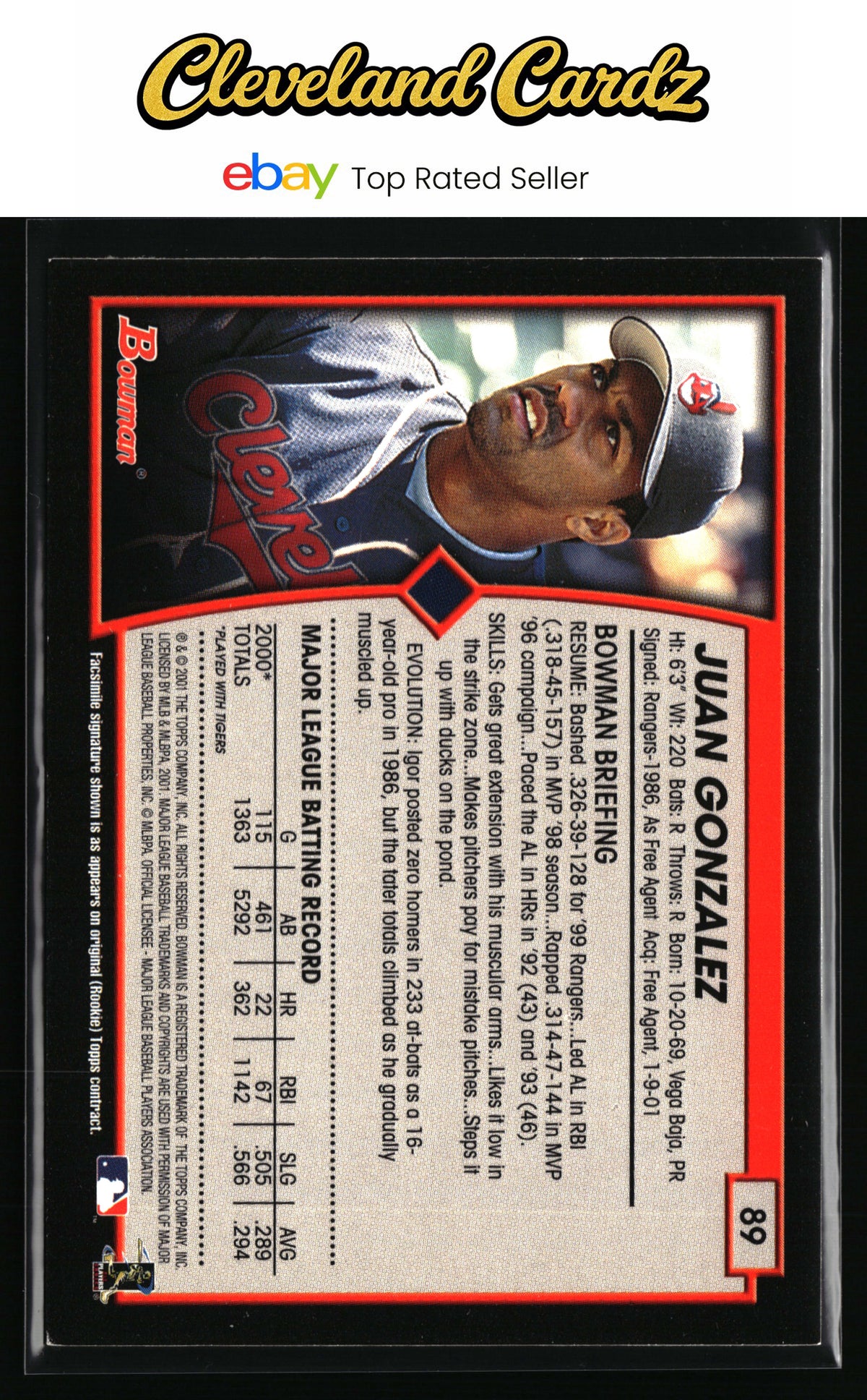 2001 Bowman #89 Juan Gonzalez
