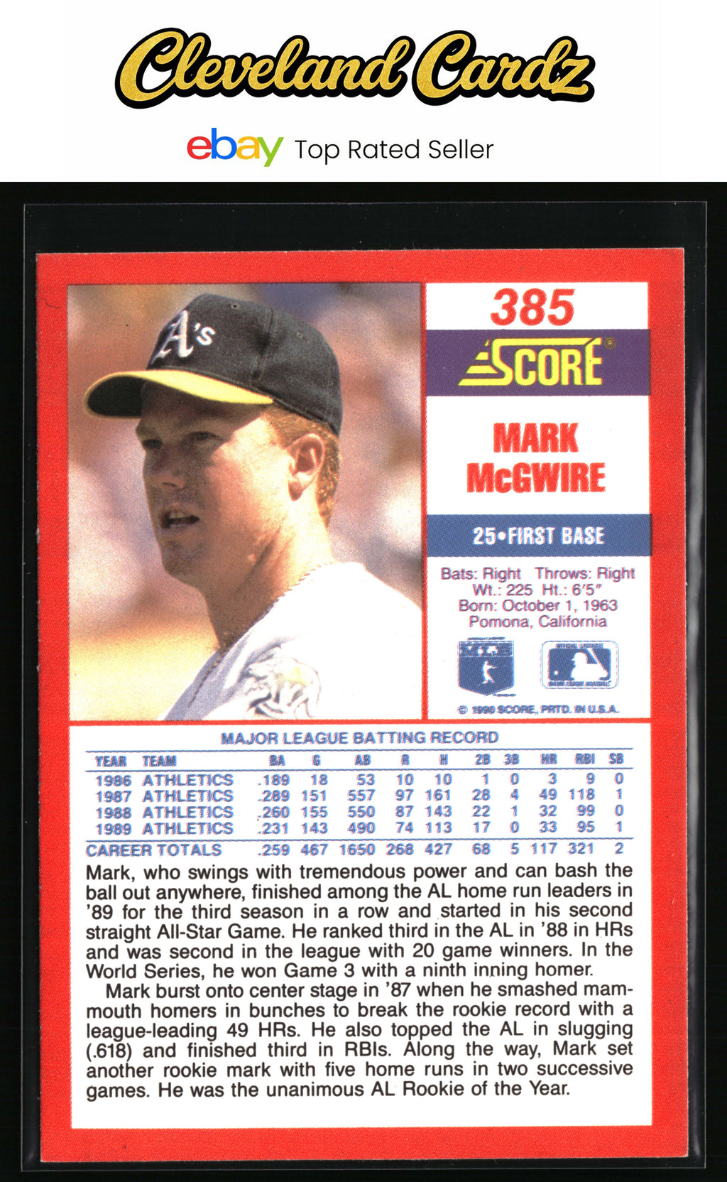 1990 Score #385 Mark McGwire