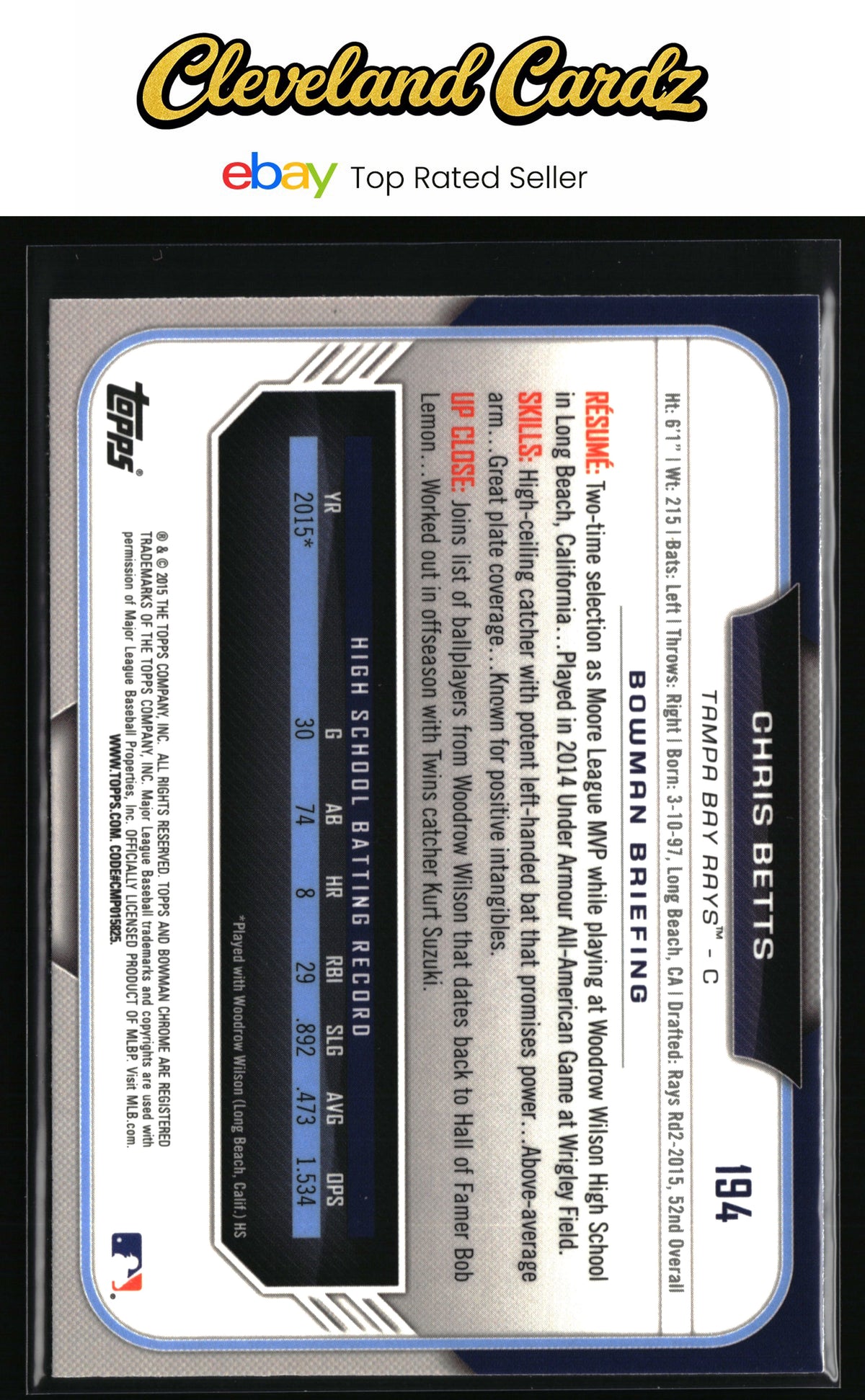 2015 Bowman Draft #194 Chris Betts Chrome Refractors