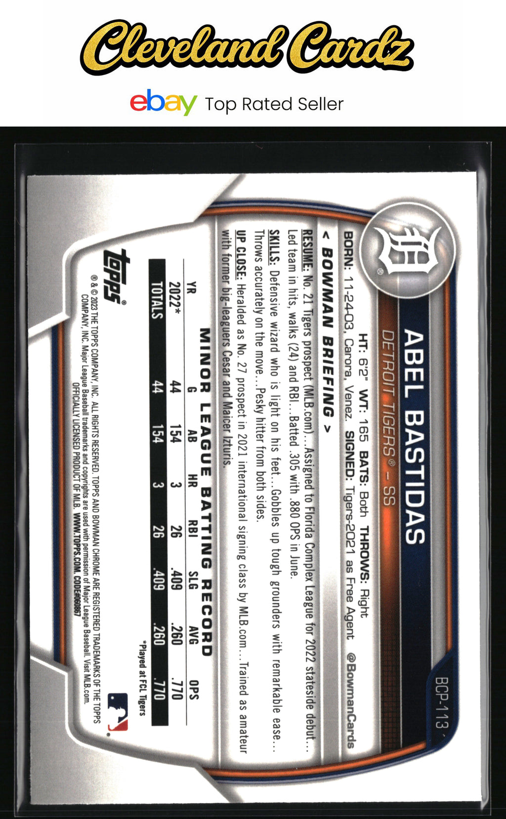 2023 Bowman #BCP-113 Abel Bastidas Chrome Prospects Mojo Refractors
