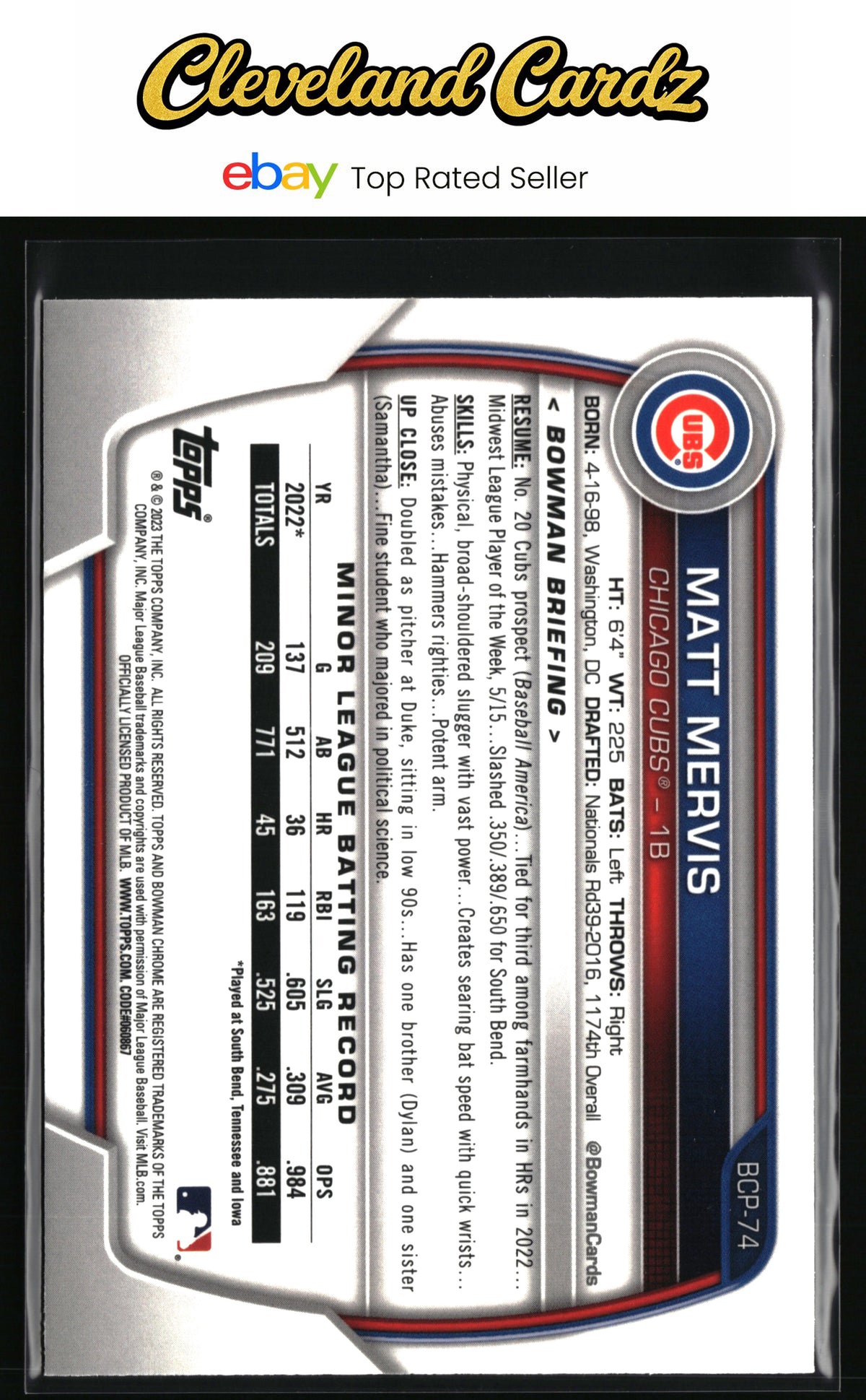 2023 Bowman #BCP-74 Matt Mervis Chrome Prospects Mojo Refractors