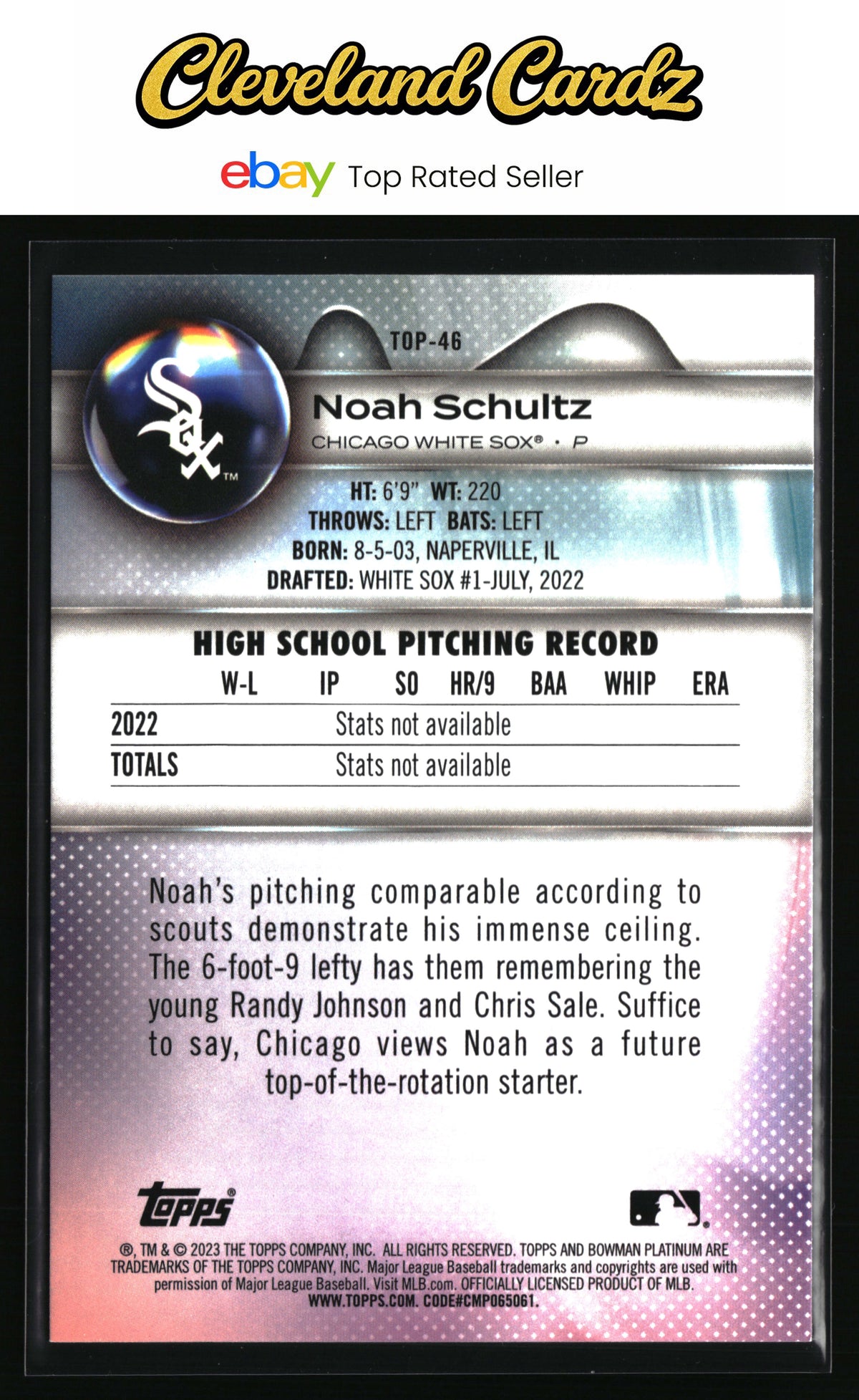 2023 Bowman Platinum #TOP-46 Noah Schultz Top Prospects Ice Foil