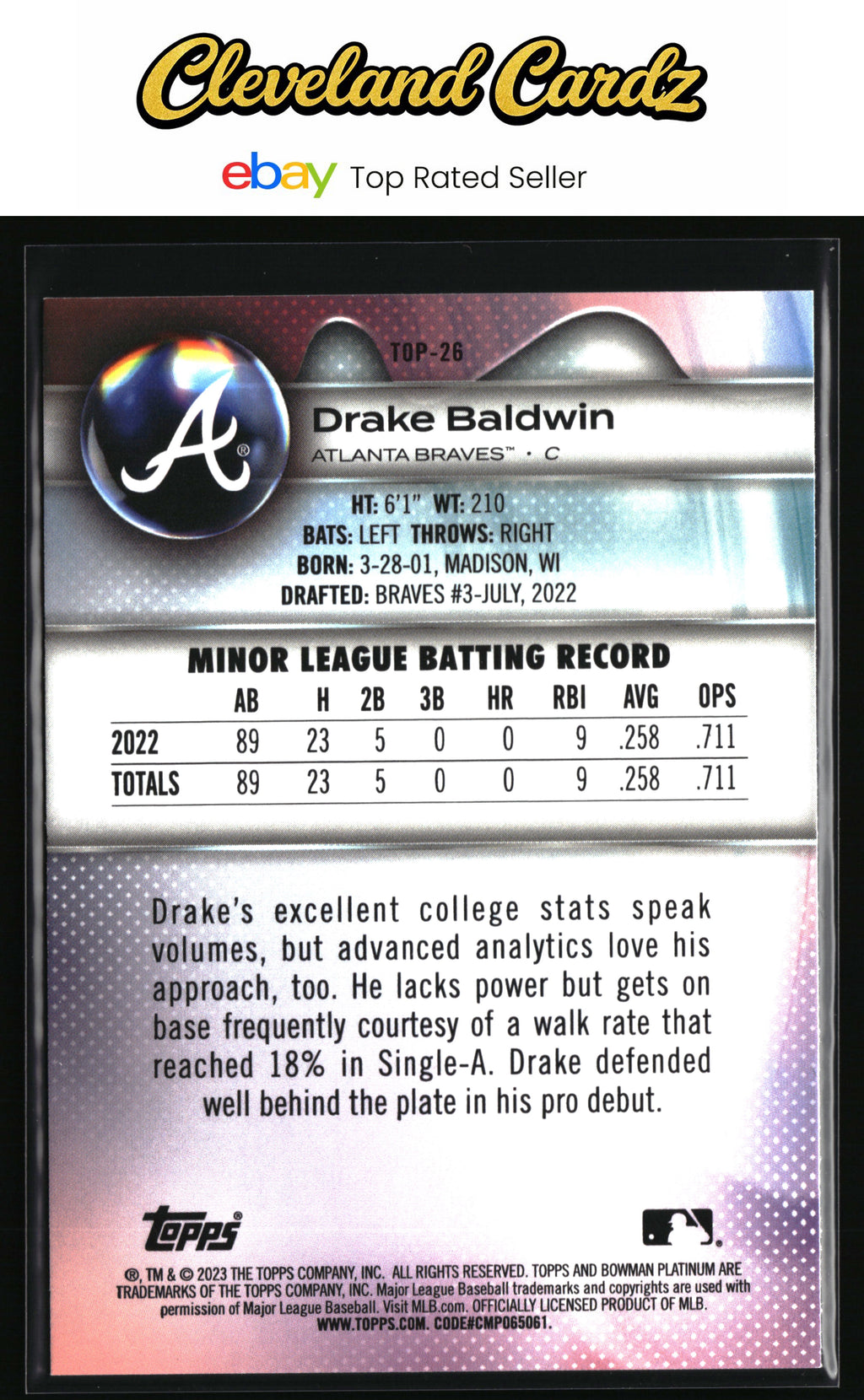 2023 Bowman Platinum #TOP-26 Drake Baldwin Top Prospects