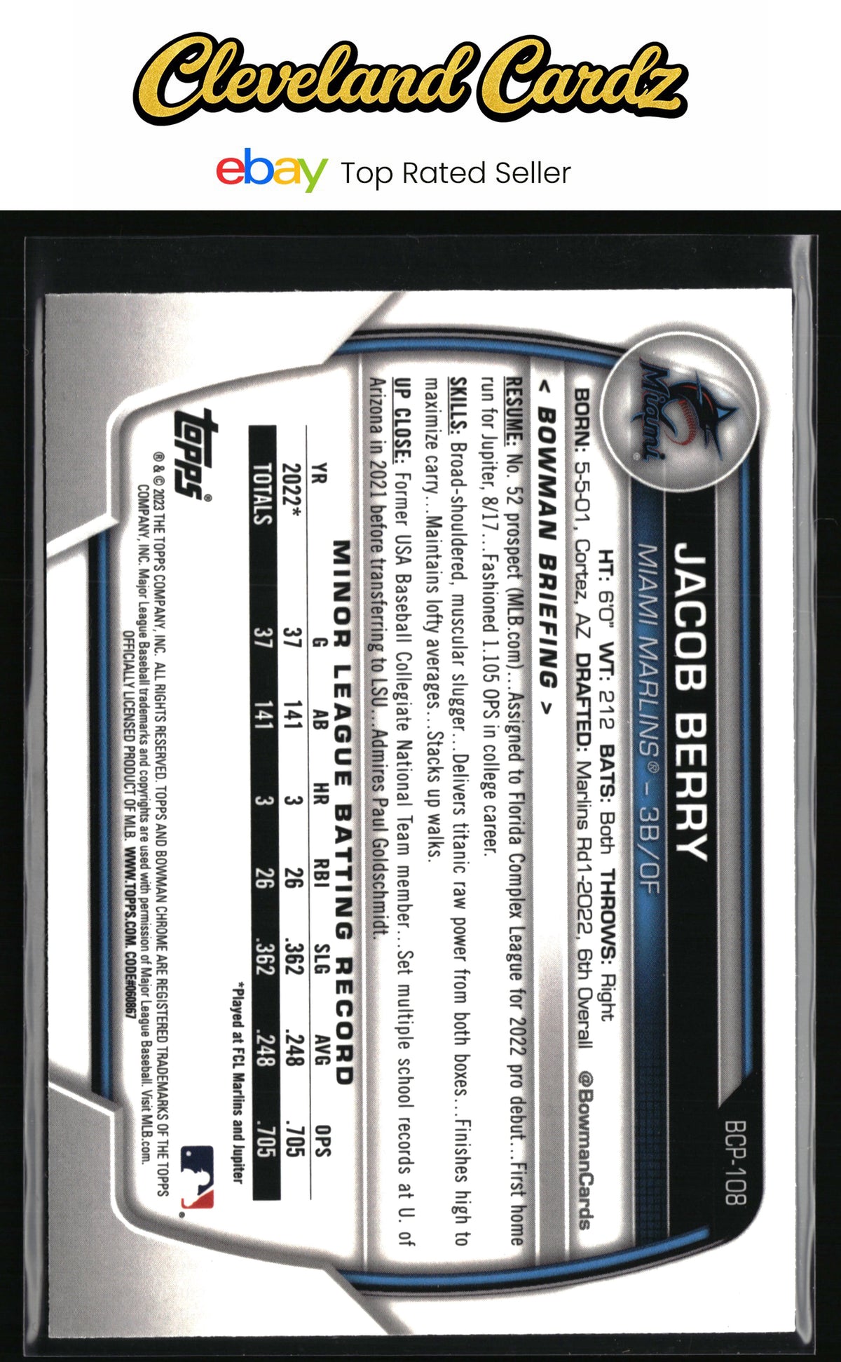 2023 Bowman #BCP-108 Jacob Berry Chrome Prospects Mojo Refractors