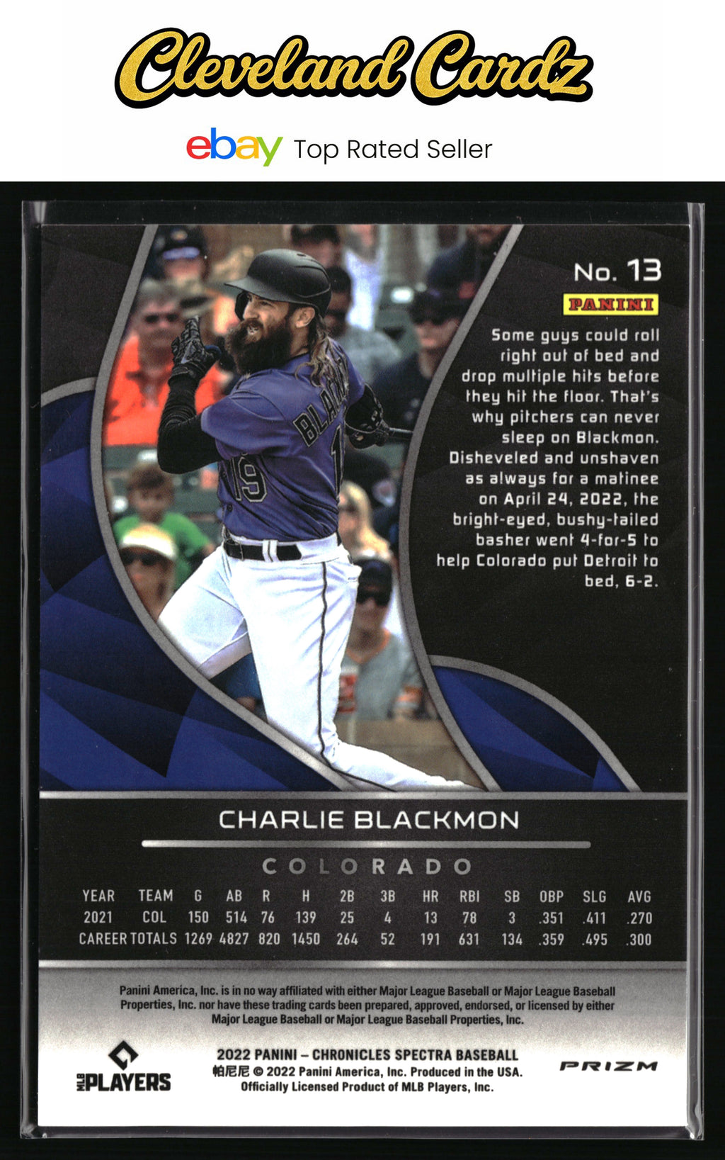 2022 Panini Chronicles #13 Charlie Blackmon Spectra Holo