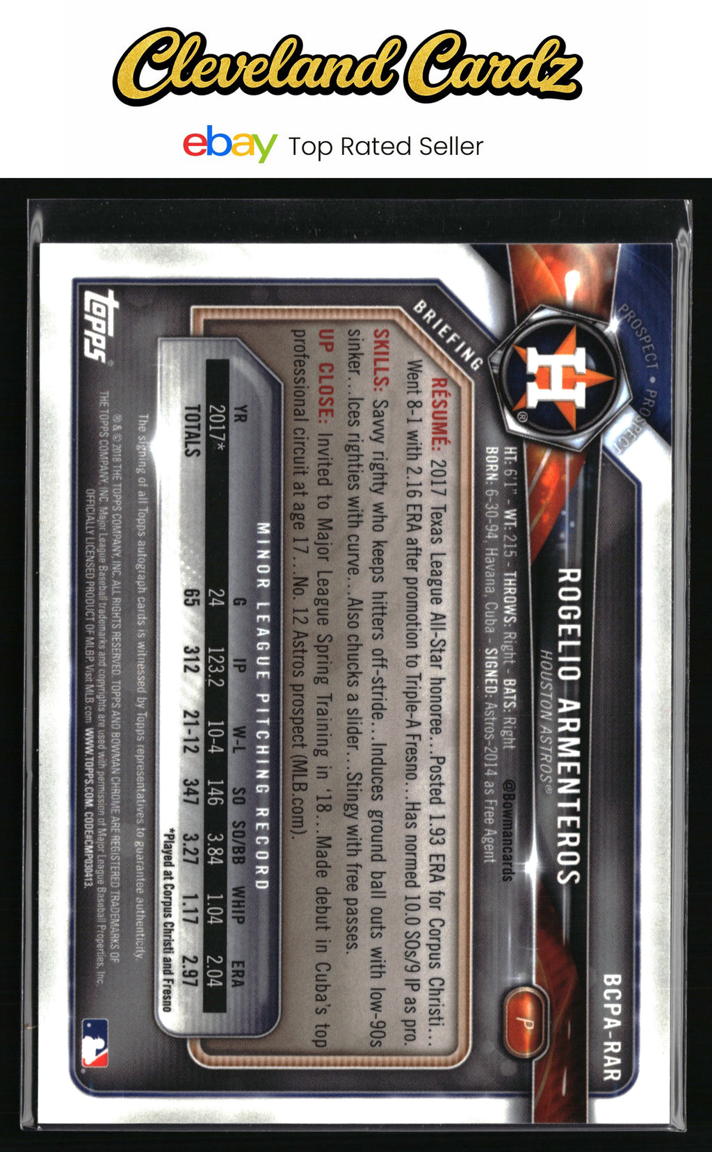 2018 Bowman Chrome #BCPA-RAR Rogelio Armenteros Prospects Autographs
