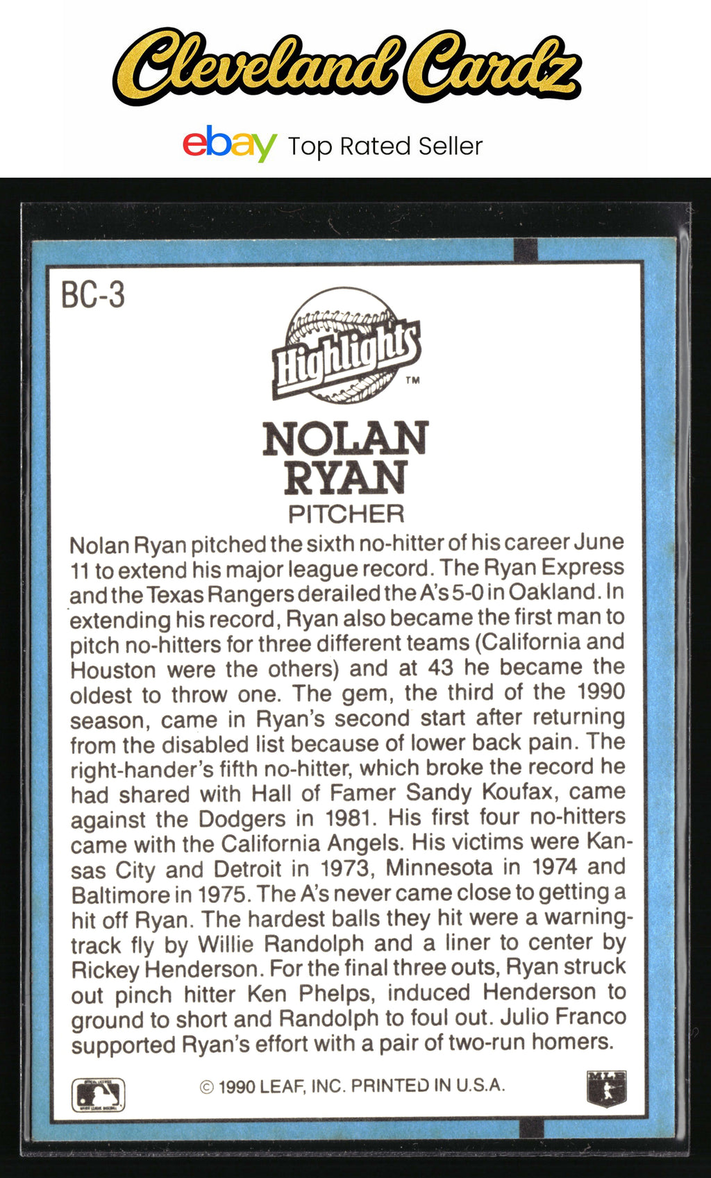1991 Donruss #BC-3 Nolan Ryan Bonus Cards EX+