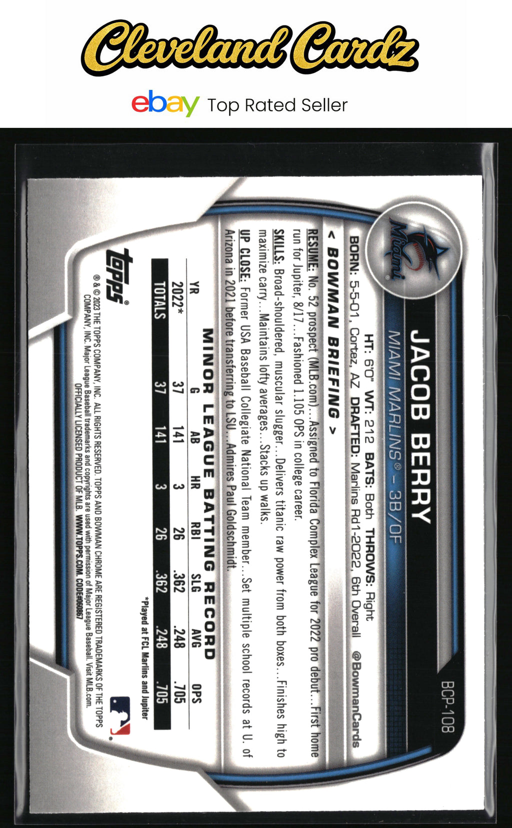 2023 Bowman #BCP-108 Jacob Berry Chrome Prospects Mojo Refractors