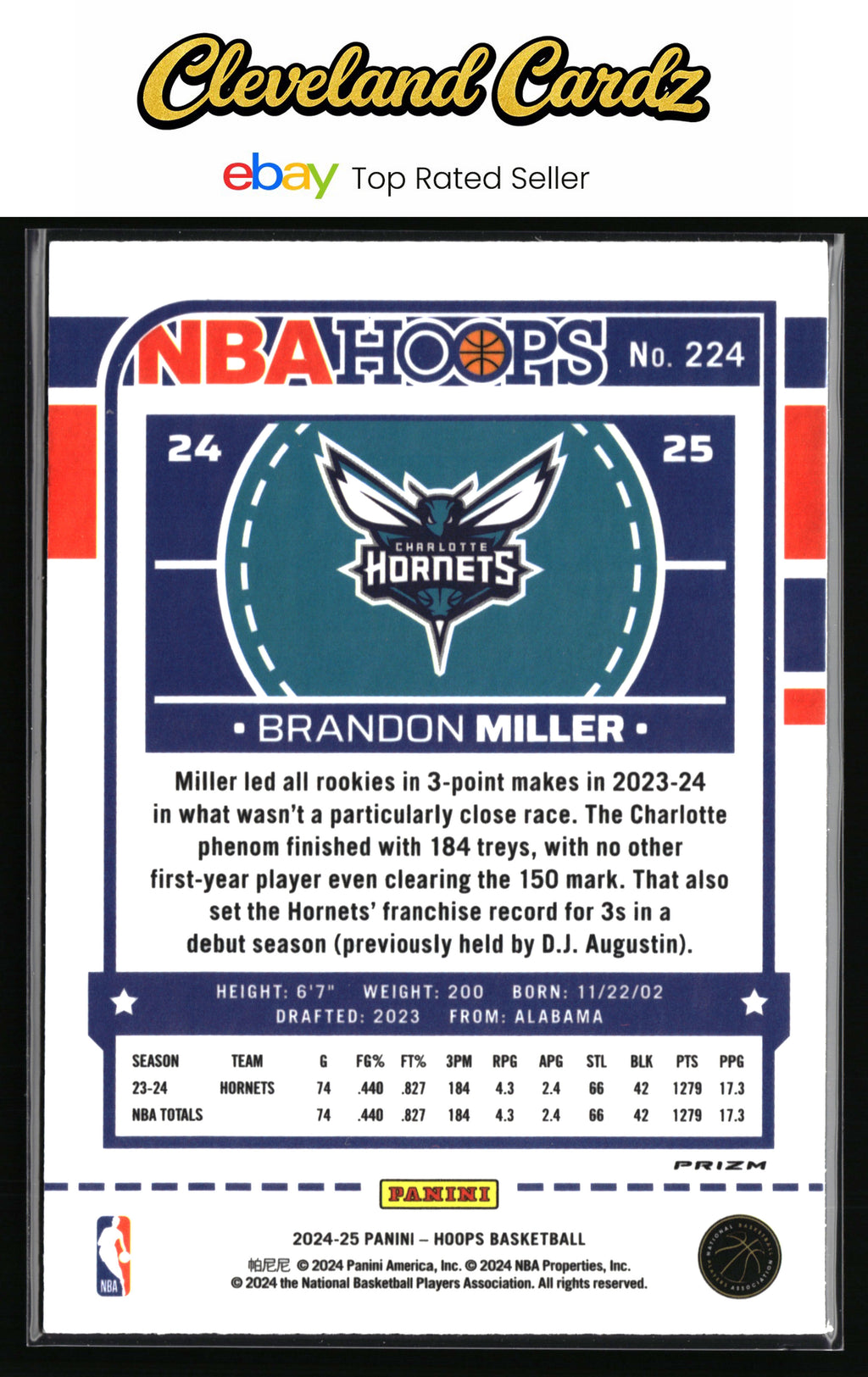 2024-25 Hoops Winter #224 Brandon Miller Prizms Premium