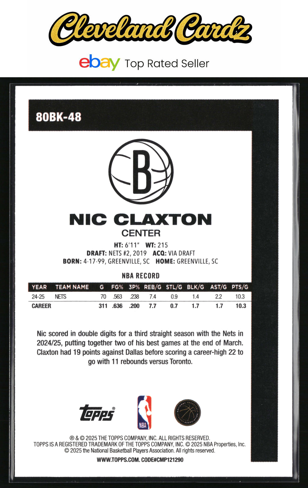 2025-26 Topps #80BK-48 Nic Claxton 1980-81 Topps Basketball