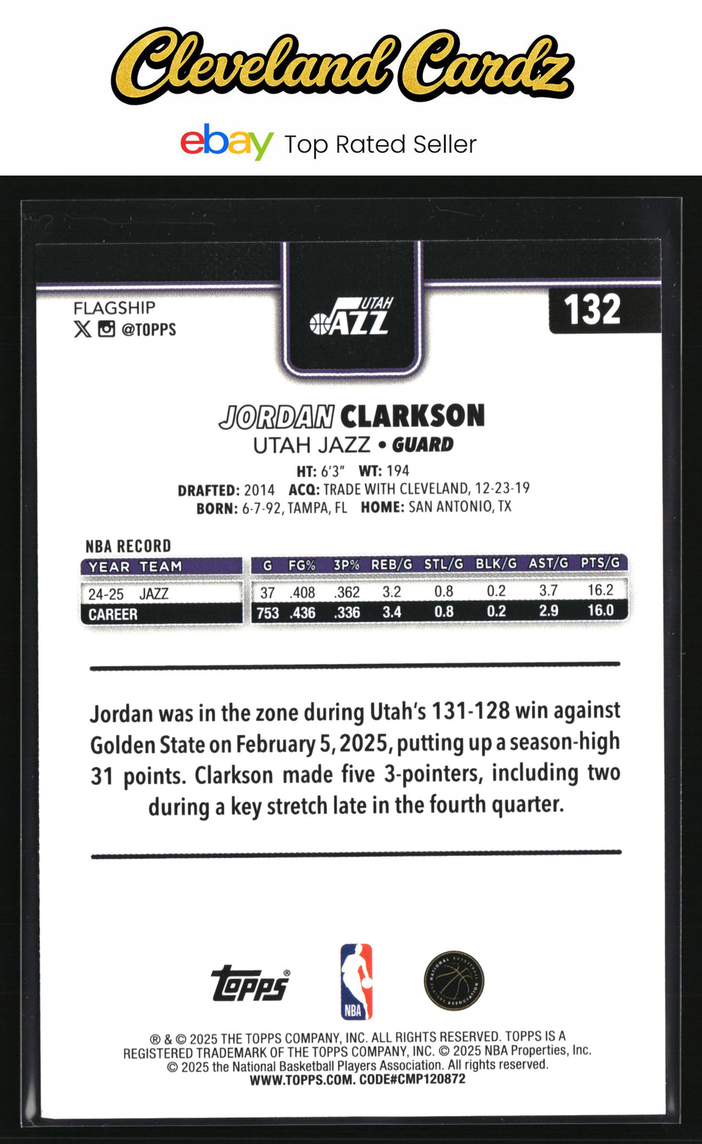 2025-26 Topps #132 Jordan Clarkson Crackleboard