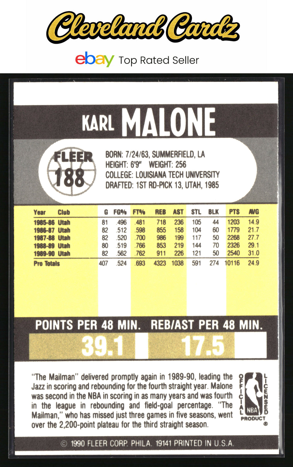 1990-91 Fleer #188b Karl Malone