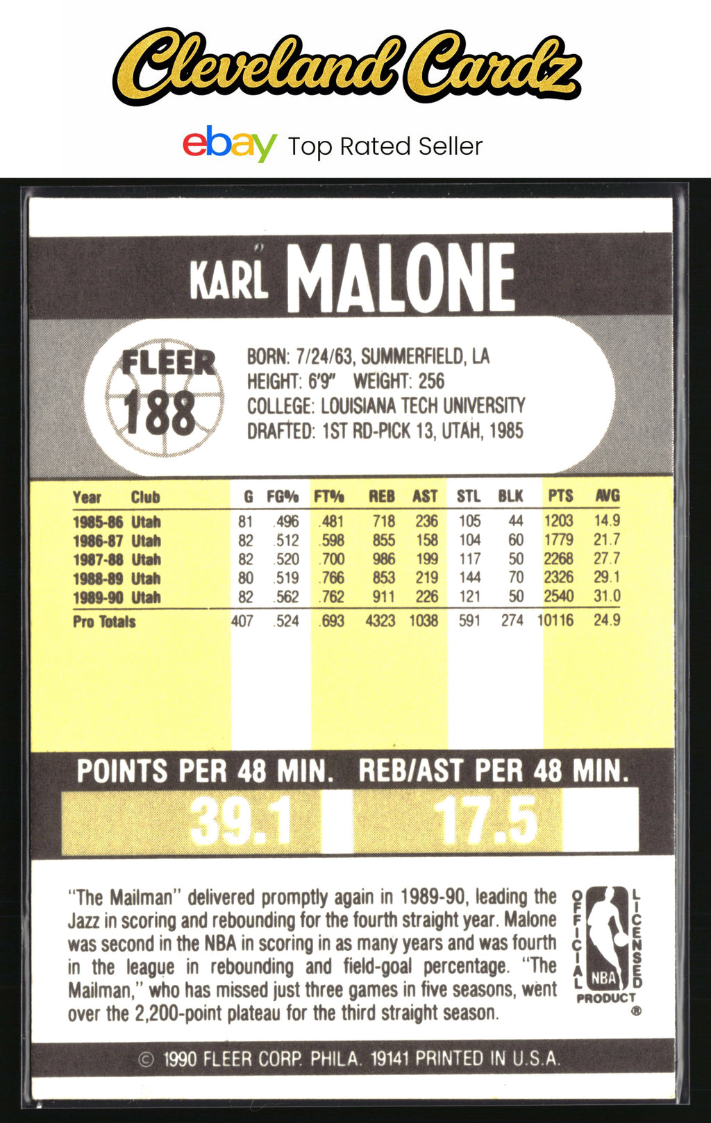 1990-91 Fleer #188b Karl Malone