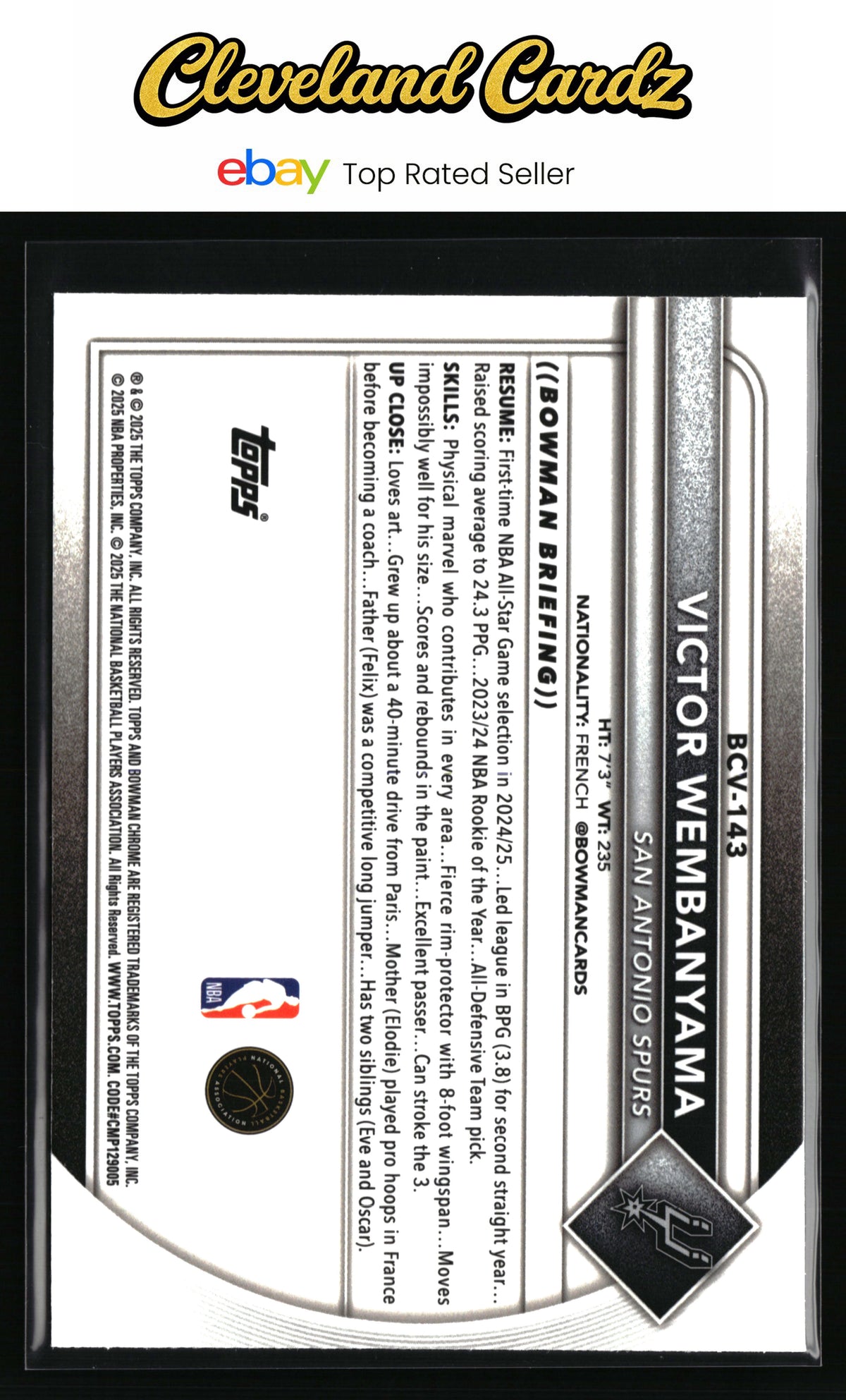 2025-26 Bowman #BCV-143 Victor Wembanyama Chrome Reptilian Refractors