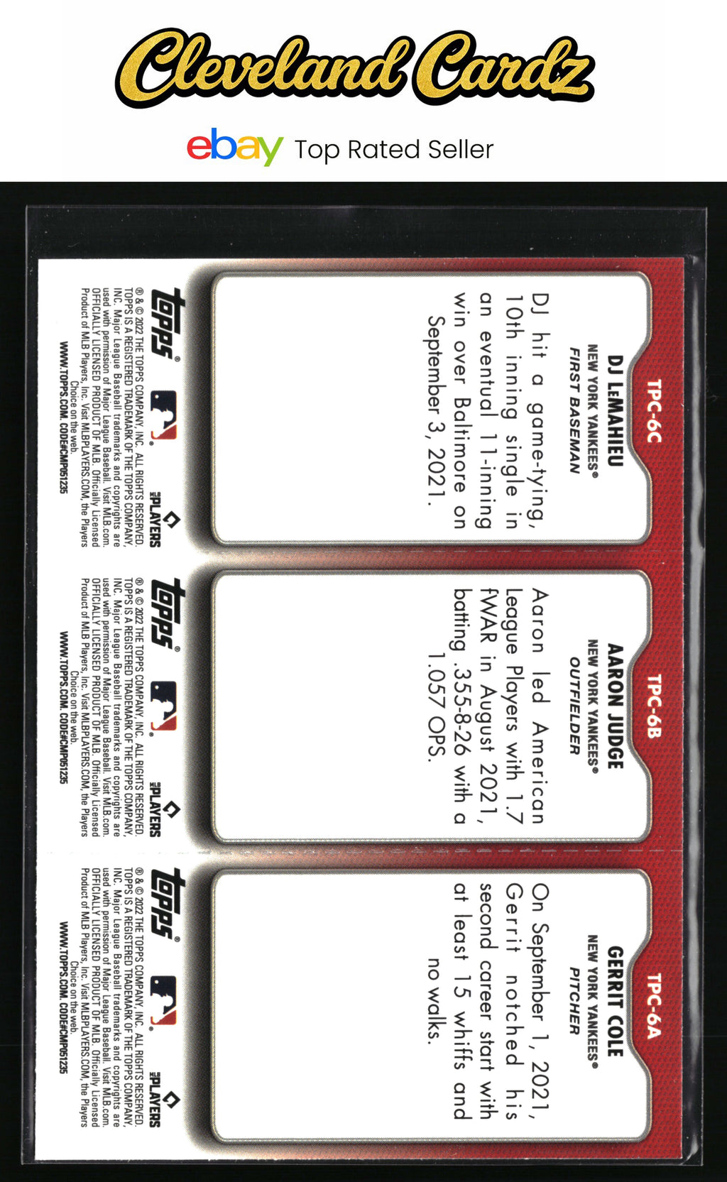 2022 Topps Opening Day #TPC-6A-C Gerrit Cole/Aaron Judge/DJ LeMahieu Triple Play