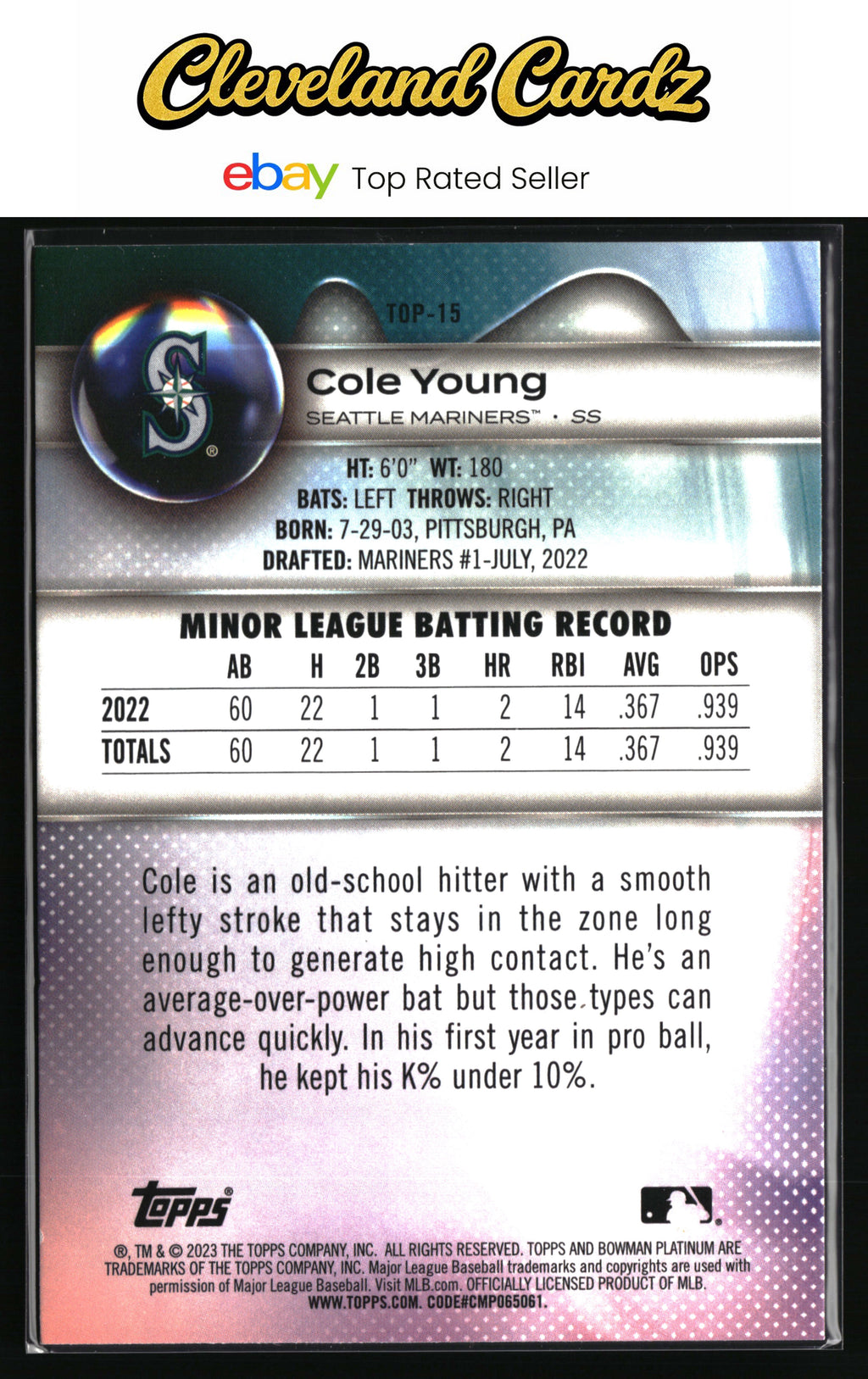 2023 Bowman Platinum #TOP-15 Cole Young Top Prospects Ice Foil