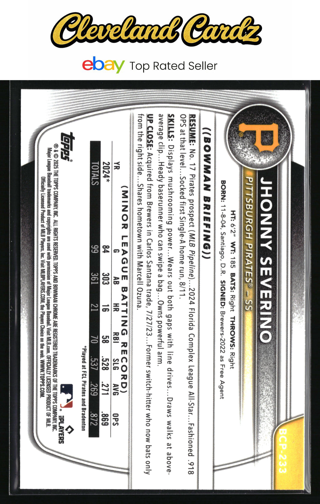 2025 Bowman Chrome #BCP-233 Jhonny Severino Prospects Mojo