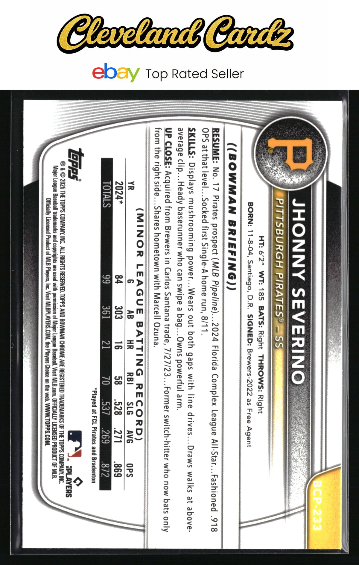 2025 Bowman Chrome #BCP-233 Jhonny Severino Prospects Mojo
