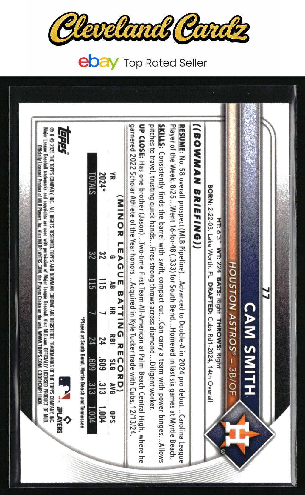 2025 Bowman Chrome #77 Cam Smith Mojo Refractors