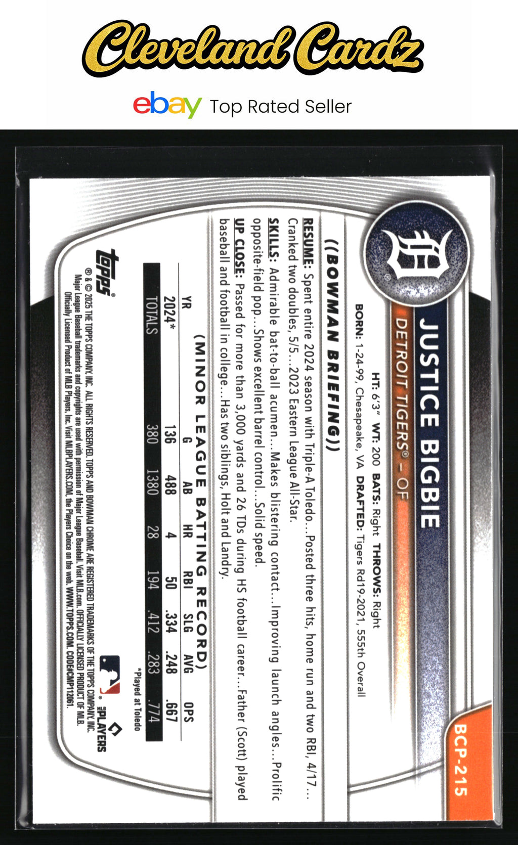2025 Bowman Chrome #BCP-215 Justice Bigbie Prospects Laser