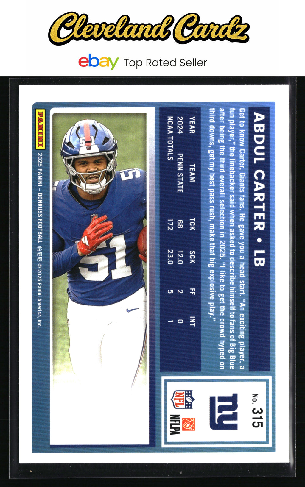 2025 Donruss #315 Abdul Carter Press Proofs Blue