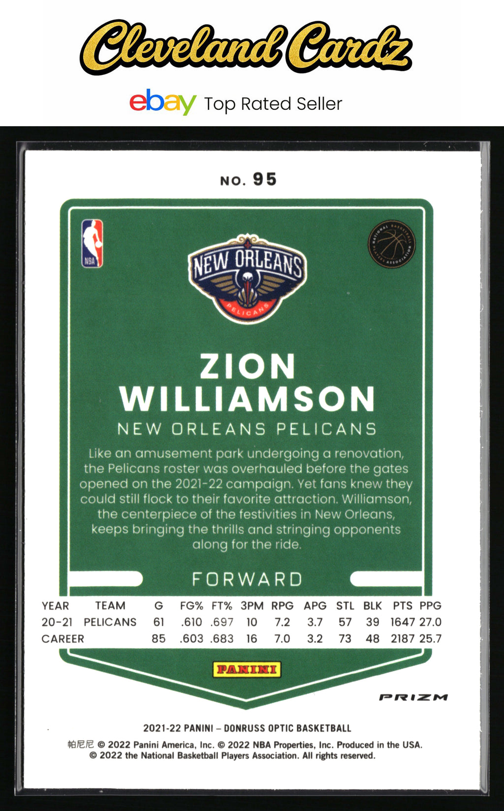 2021-22 Donruss Optic #95 Zion Williamson Purple