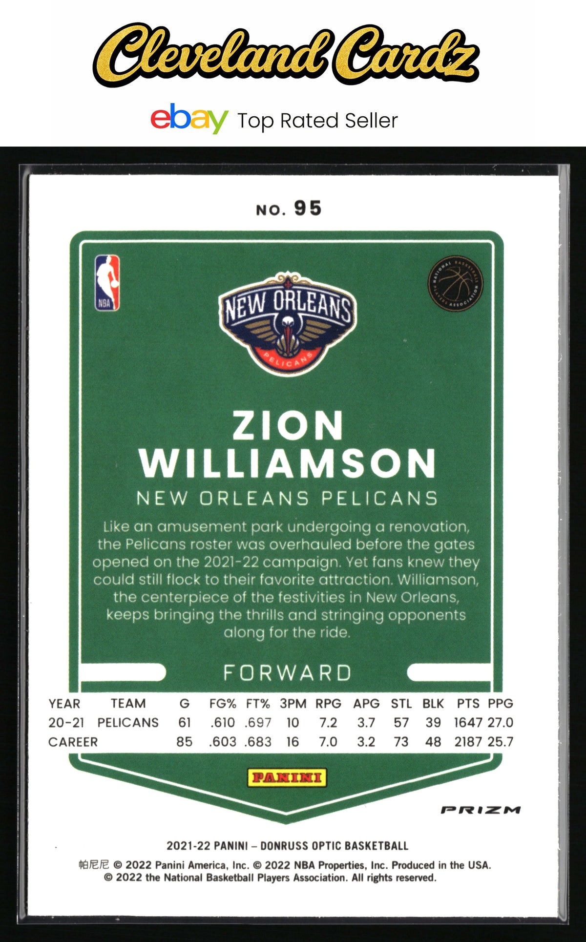 2021-22 Donruss Optic #95 Zion Williamson Purple