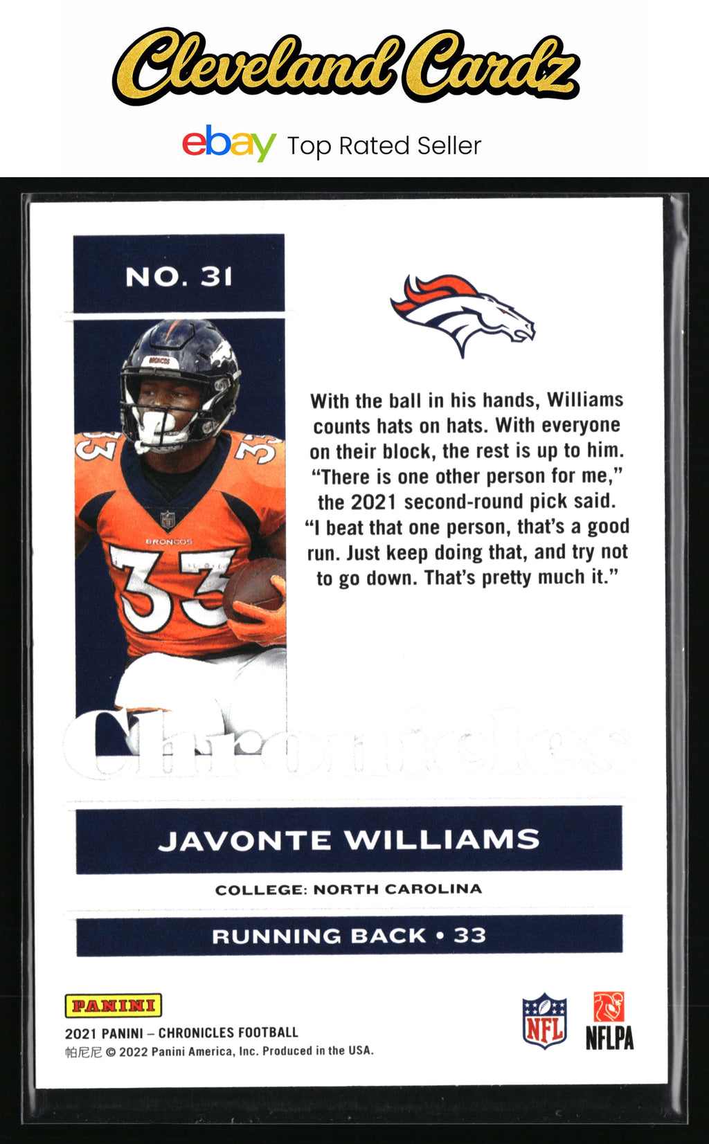 2021 Panini Chronicles #31 Javonte Williams Pink