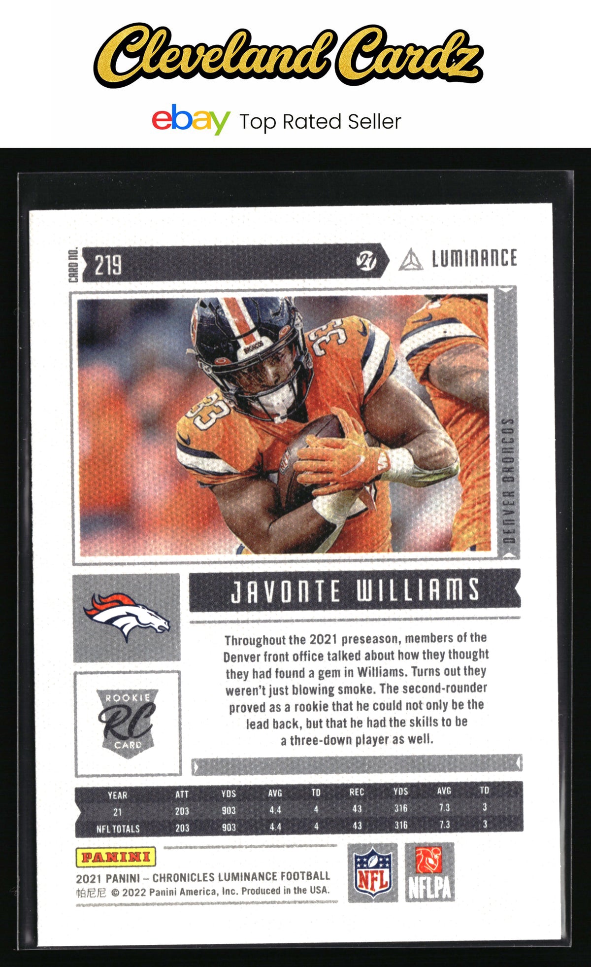 2021 Panini Chronicles #219 Javonte Williams Luminance Update Rookies