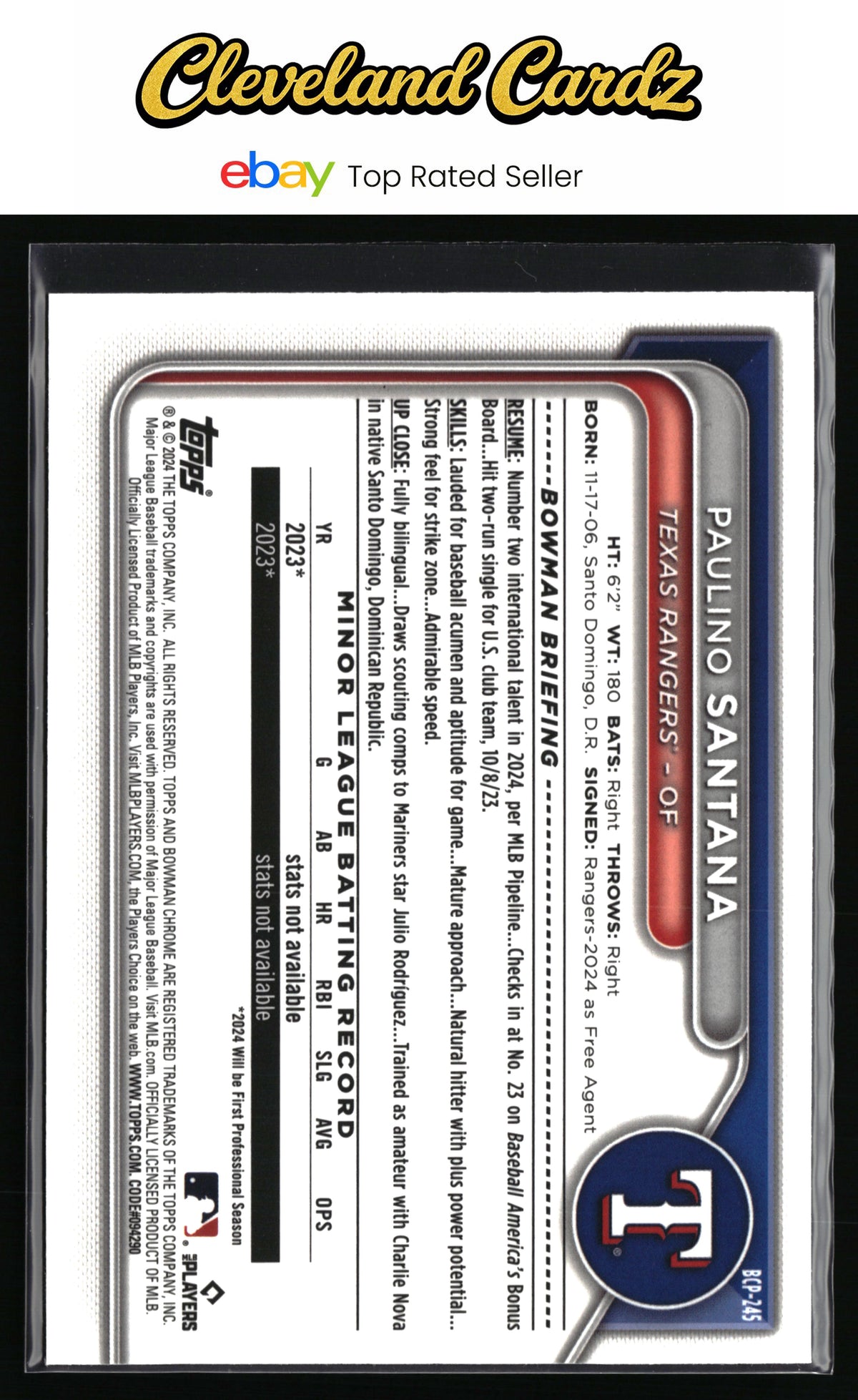 2024 Bowman Chrome #BCP-245 Paulino Santana Prospects Mojo Refractor