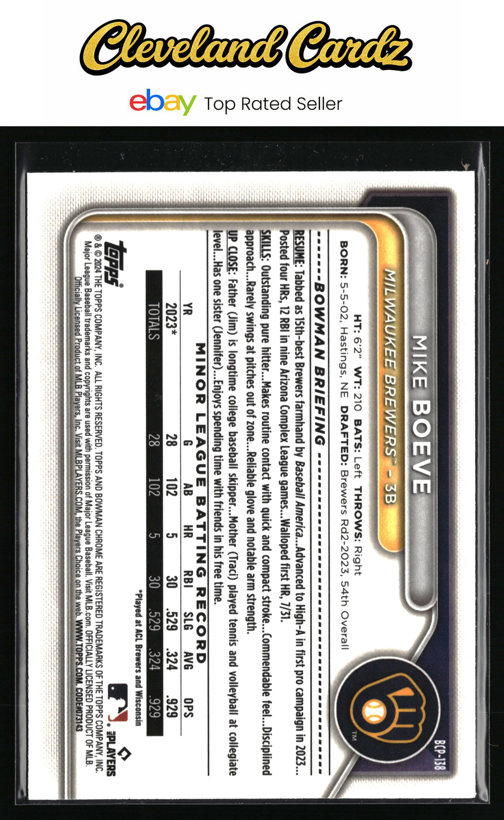 2024 Bowman #BCP-138 Mike Boeve Chrome Prospects Mini-Diamond Refractor