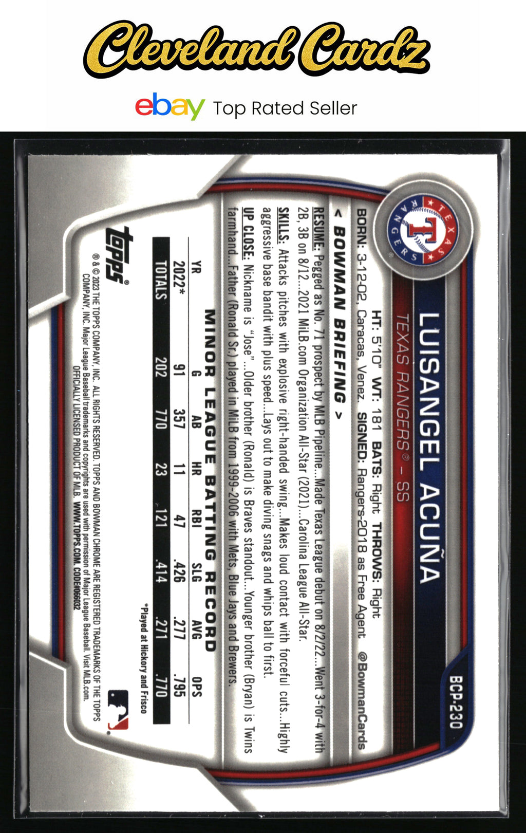 2023 Bowman Chrome #BCP-230 Luisangel Acuña Prospects Mojo Refractor