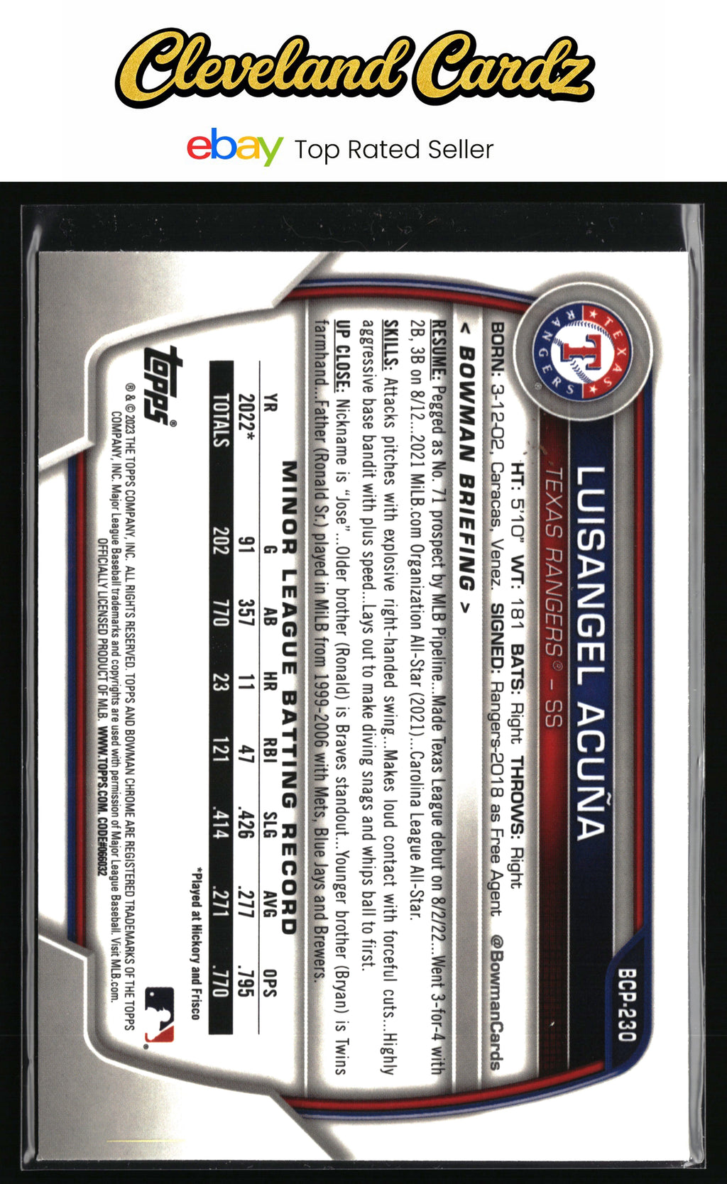 2023 Bowman Chrome #BCP-230 Luisangel Acuña Prospects Mojo Refractor
