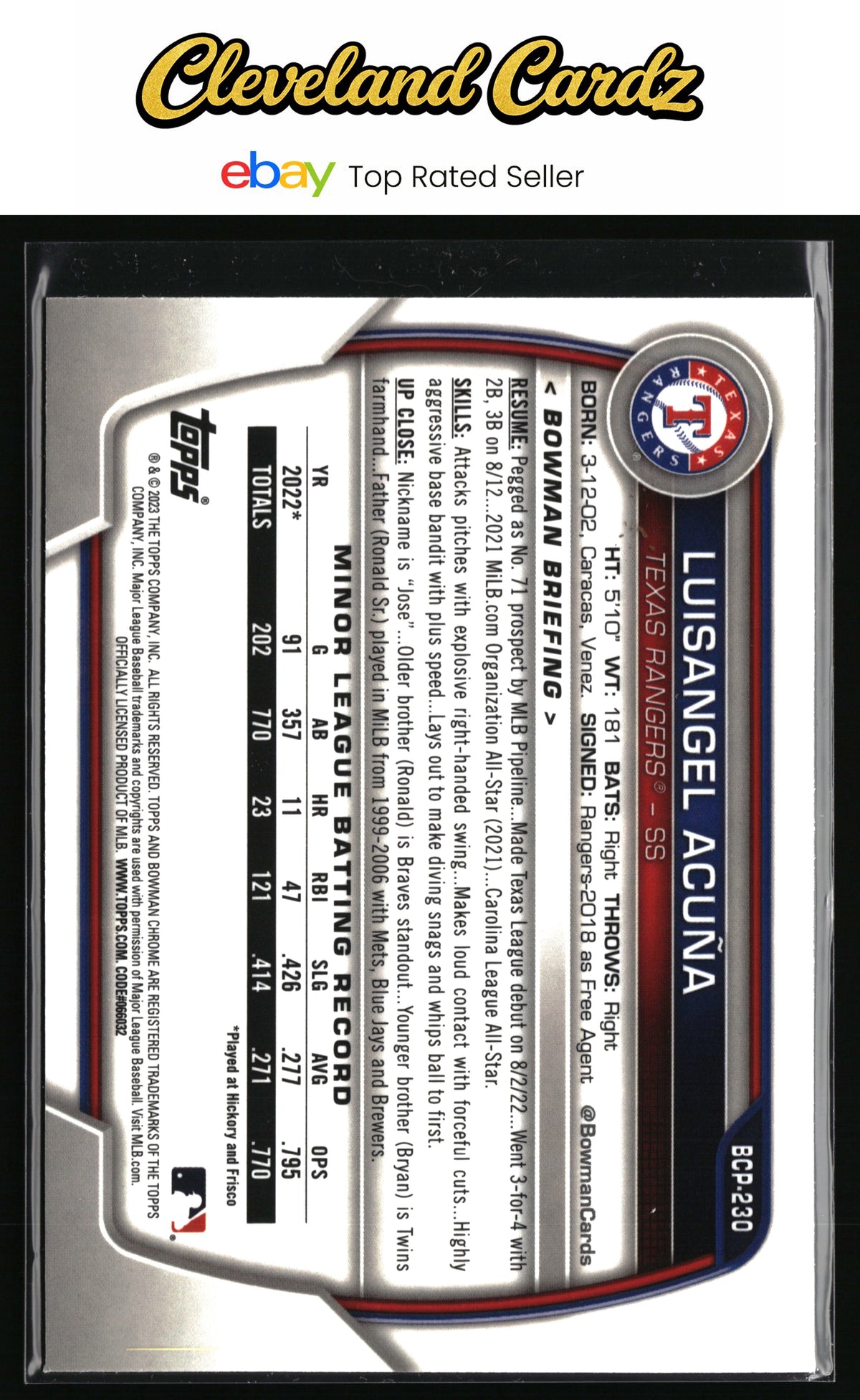 2023 Bowman Chrome #BCP-230 Luisangel Acuña Prospects Mojo Refractor
