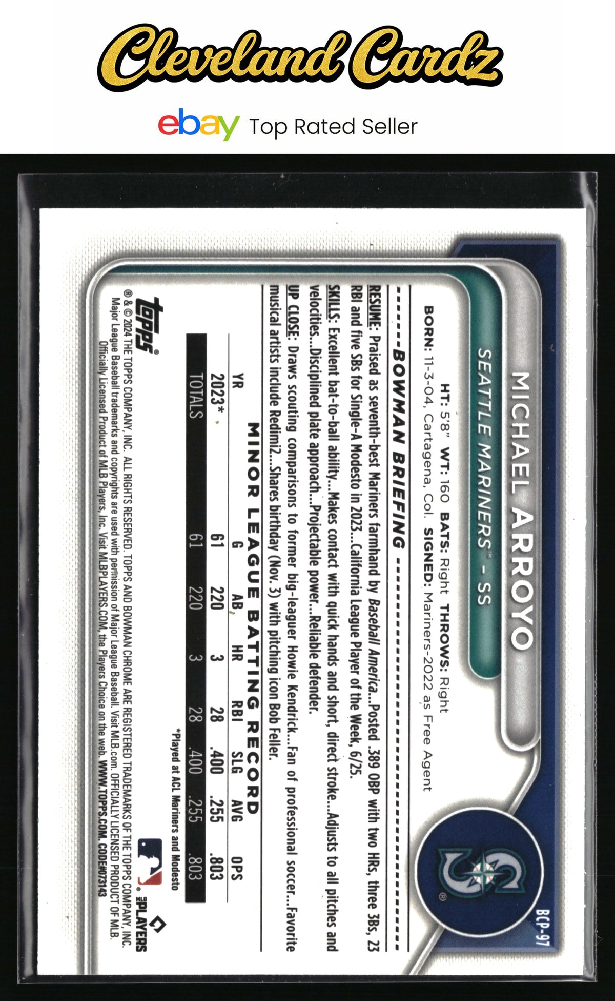 2024 Bowman #BCP-97 Michael Arroyo Chrome Prospects Lunar Glow Refractor