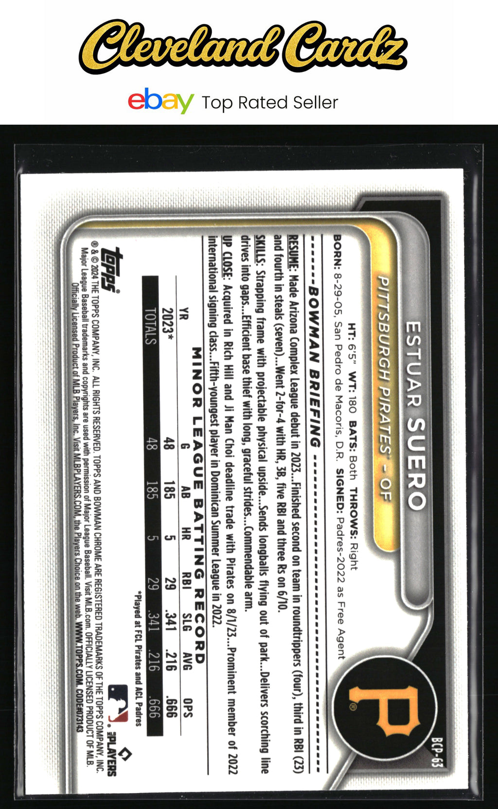 2024 Bowman #BCP-63 Estuar Suero Chrome Prospects Lunar Glow Refractor