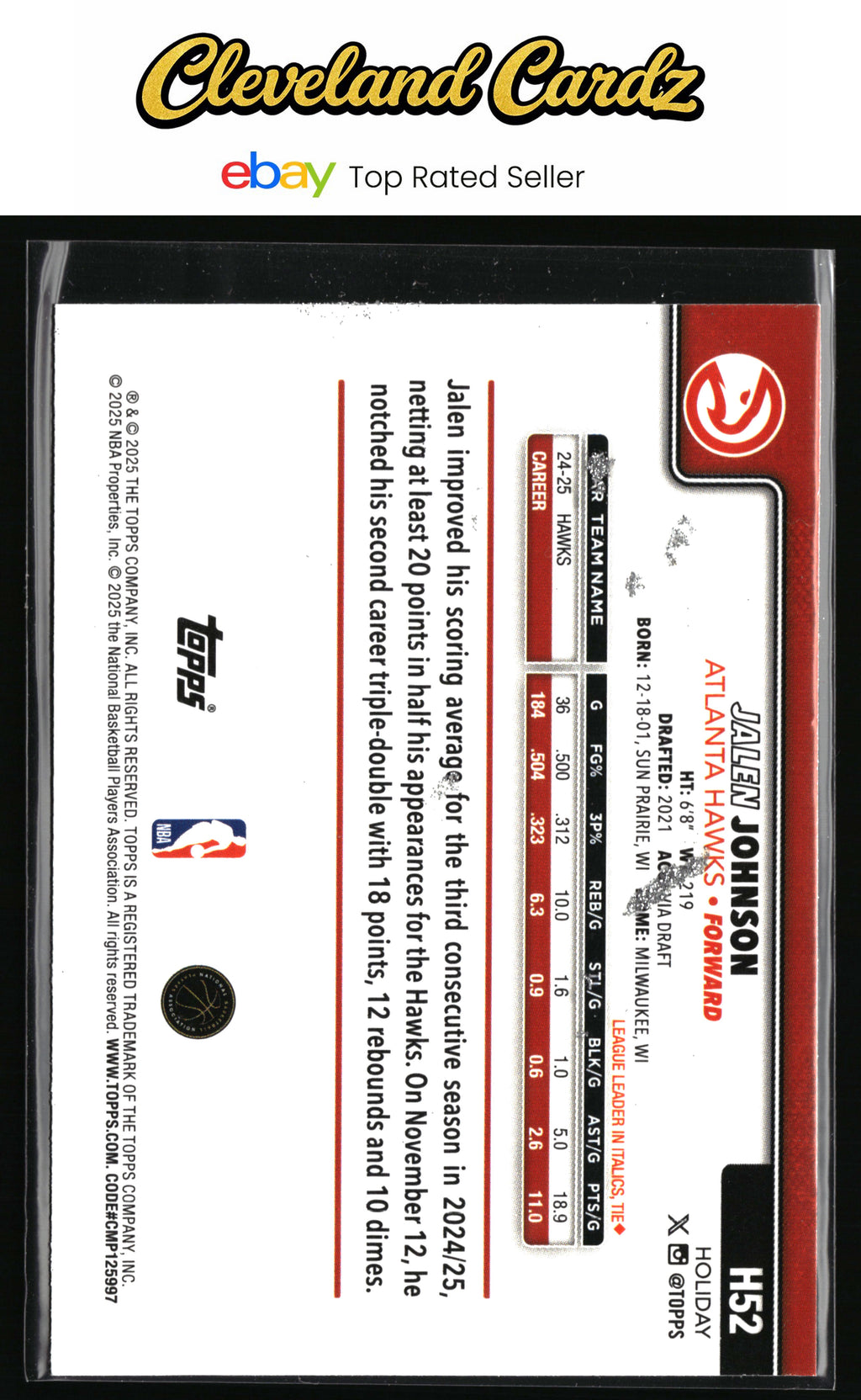 2025-26 Topps Holiday #H52 Jalen Johnson Glitter Holiday