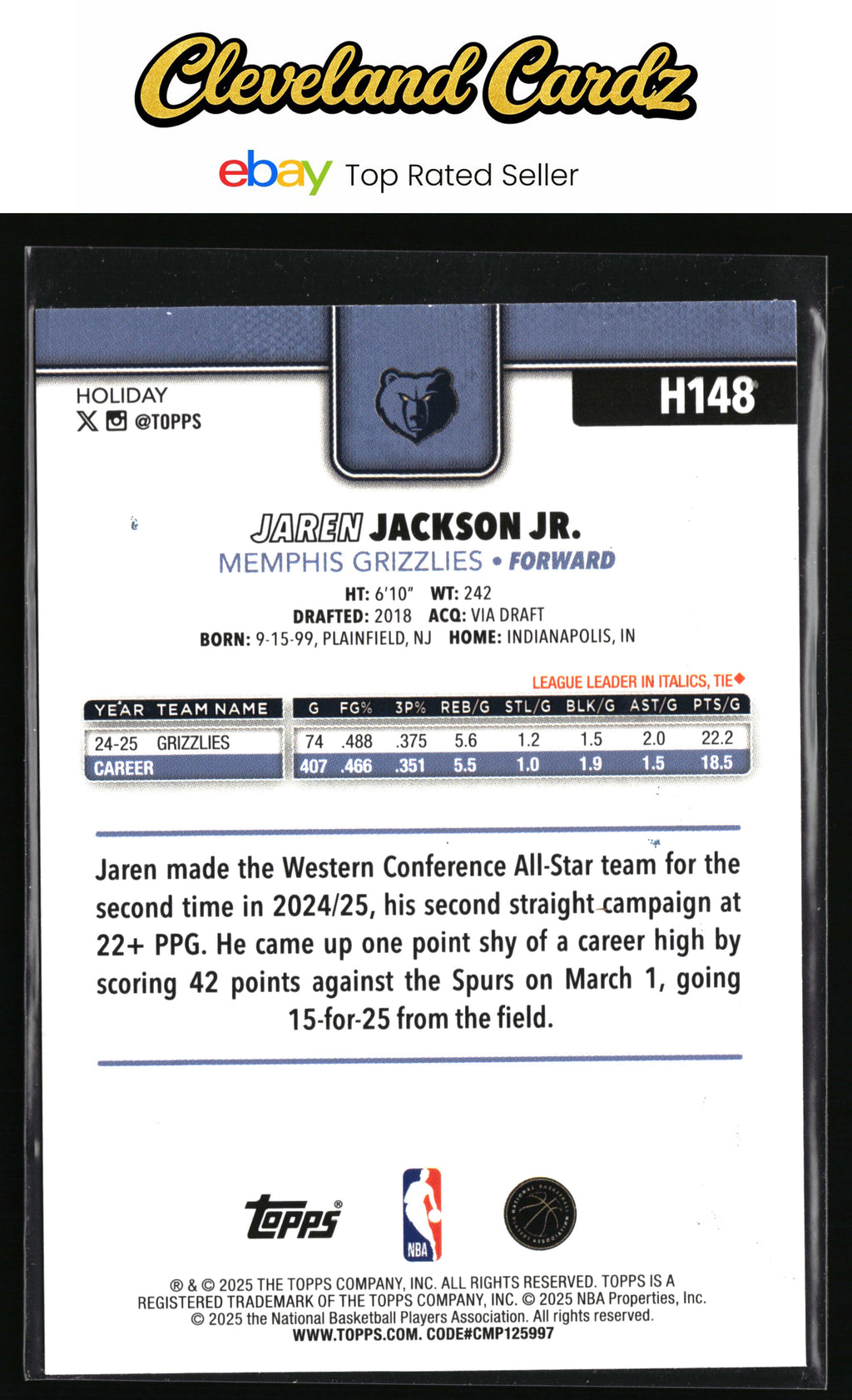 2025-26 Topps Holiday #H148 Jaren Jackson Jr. Blue Metallic Glitter Holiday